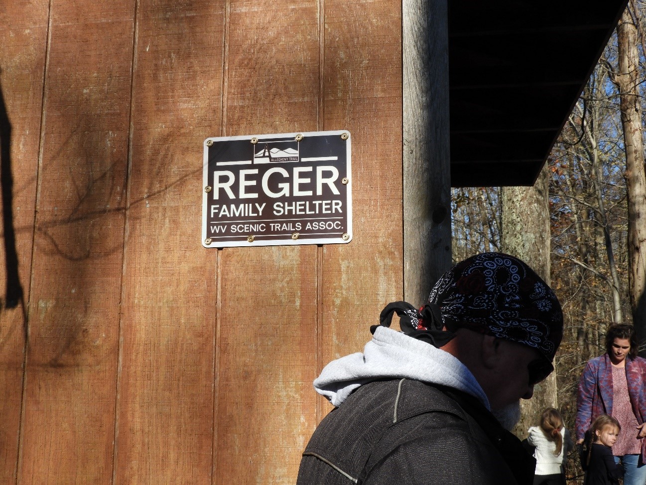 The Reger Family Shelter sign, simple, but striking in black and white. The shelter, formerly known as the Cannon Hill Shelter is located just a bit east of Rowlesburg, WV on town property. Thanks Rowlesburg. Check out the town website: http://rowlesburgguide.com