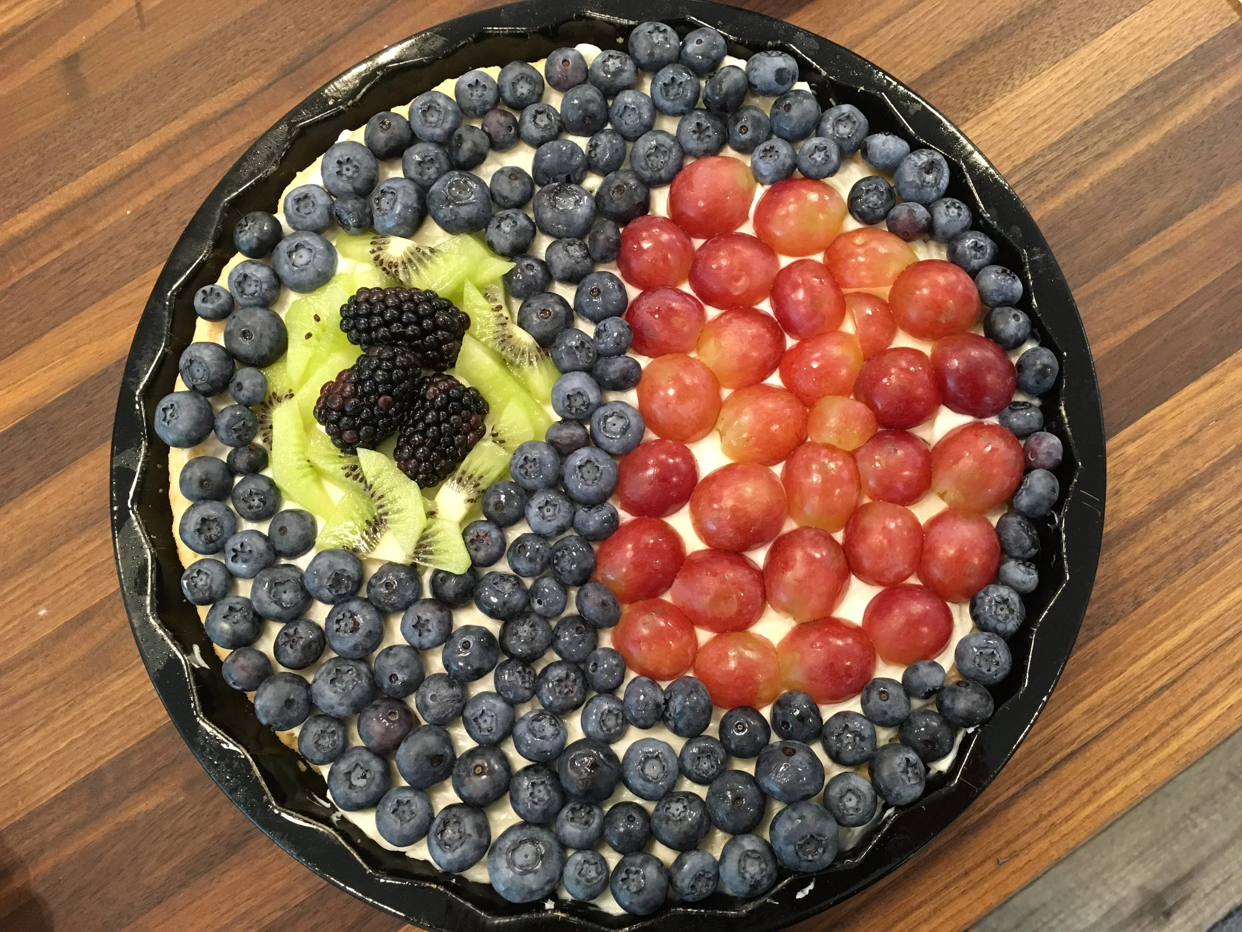 A fruit pizza - Vimentin (kiwi), Protein aggregates (blackberries), Nucleus (grapes), Cytoplasm (blackberries)