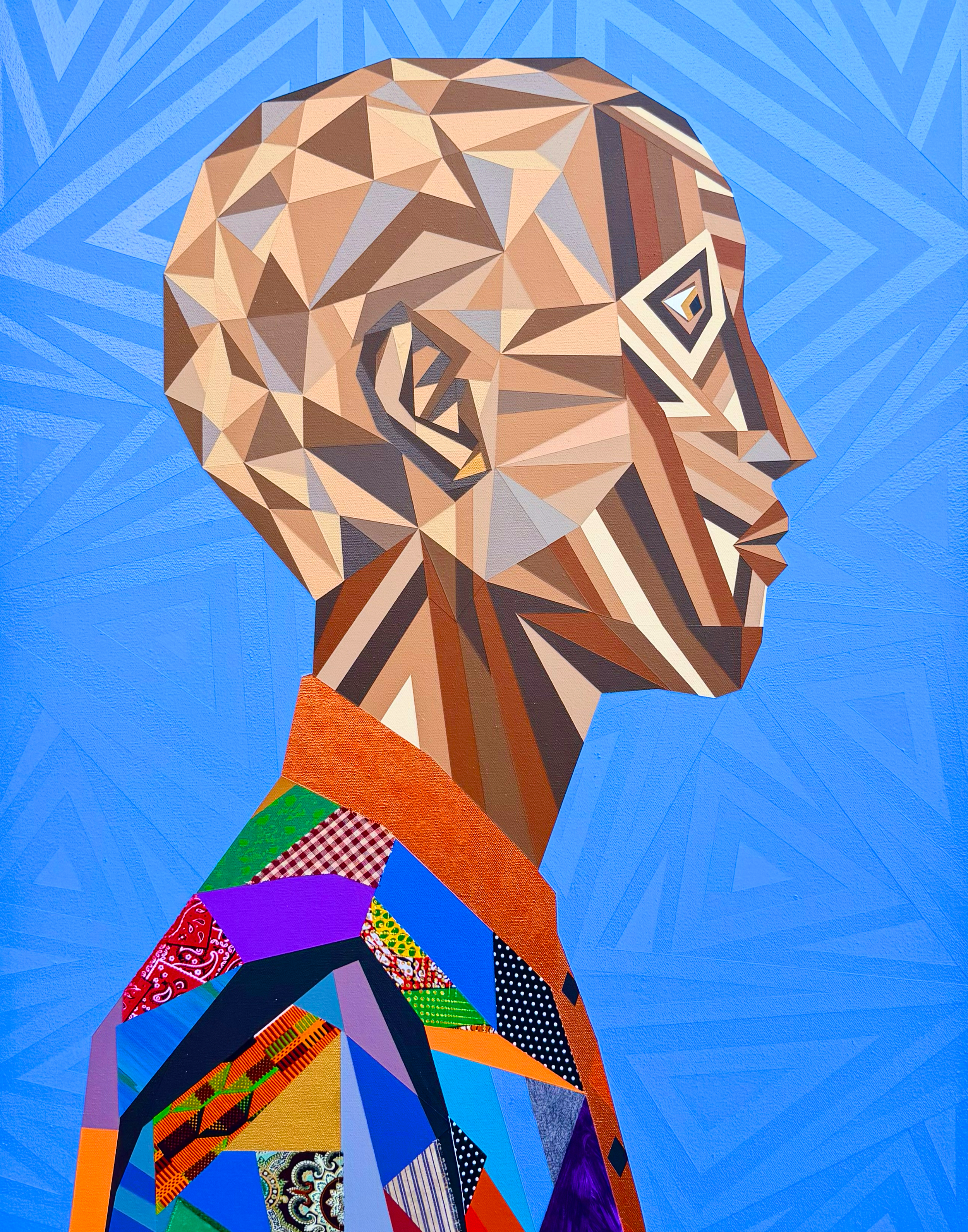 "Putting On A Face" - 2026 / Acrylic/Textile on Canvas / 30 in x 40 in / Available