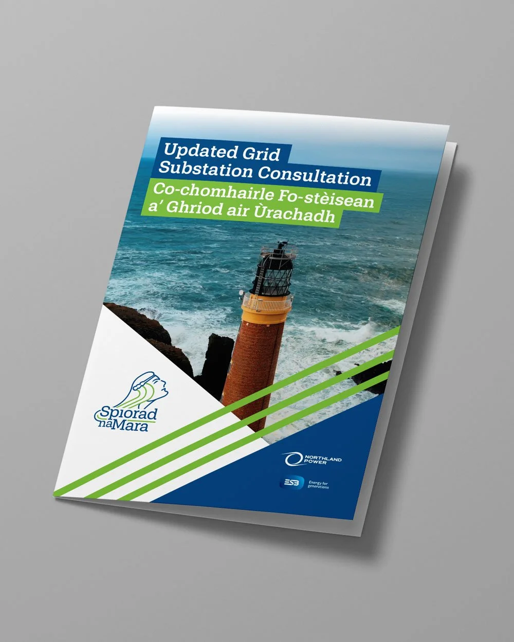 Report cover with an image of a lighthouse by the sea, titled 'Updated Grid Substation Consultation' with Irish text, logos of Spiorad maMara and Northland Power.