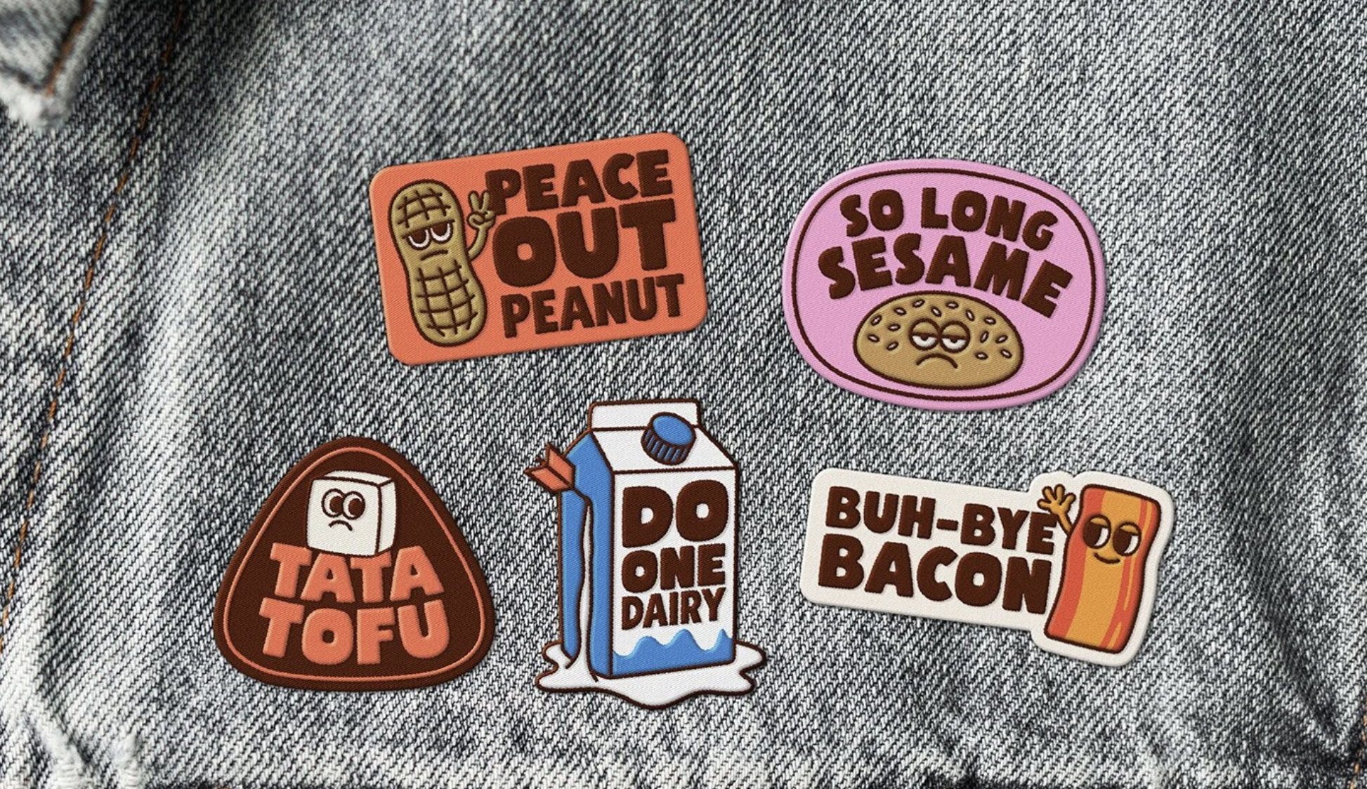 Food brand msacots used as bdges on a denim jacket for the Edible food allergy app