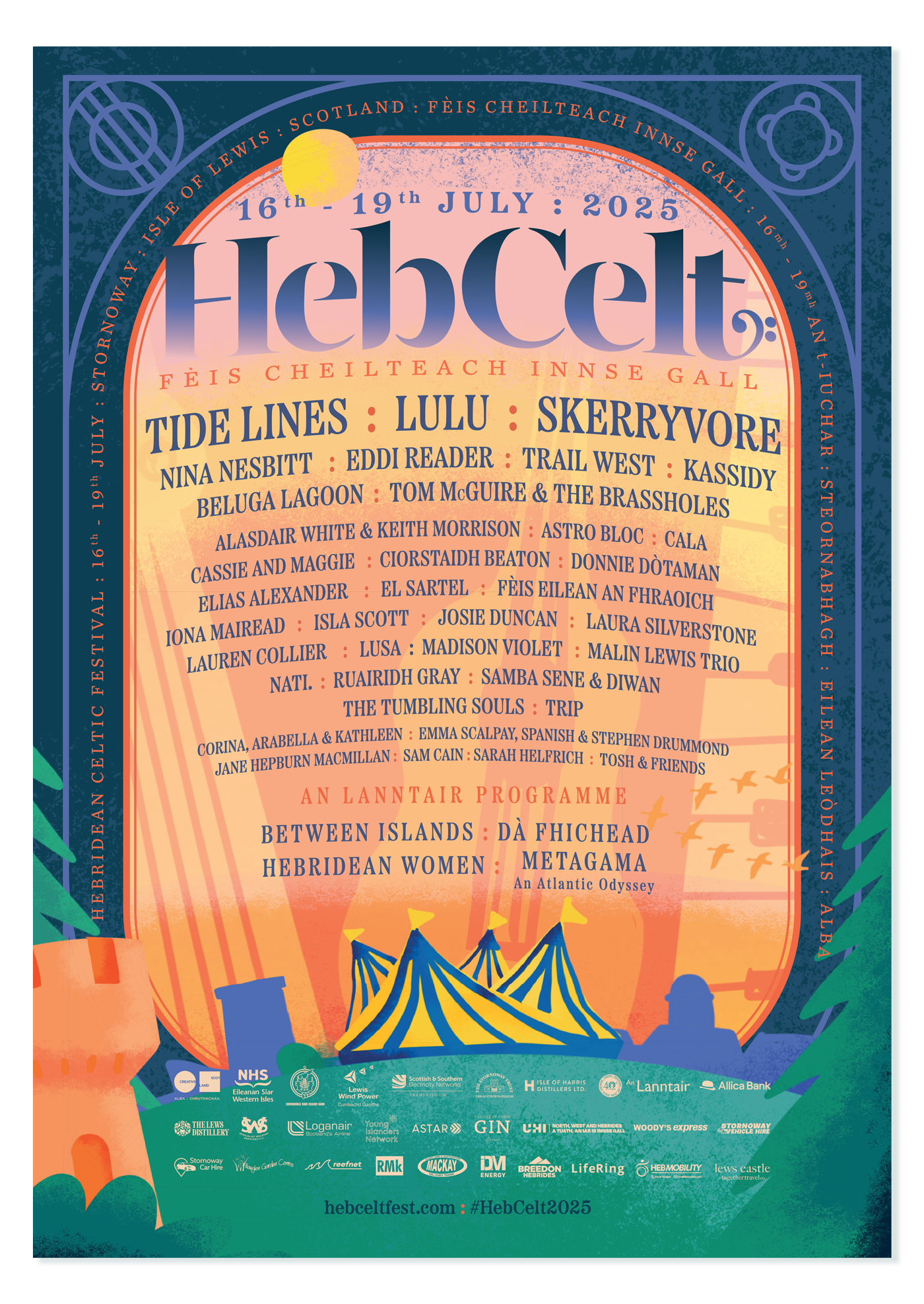 Poster for HebCelt music festival held from July 16 to 19, 2025, on Isle of Lewis, Scotland. Features bands and performers listed, with festival details and sponsor logos at the bottom.