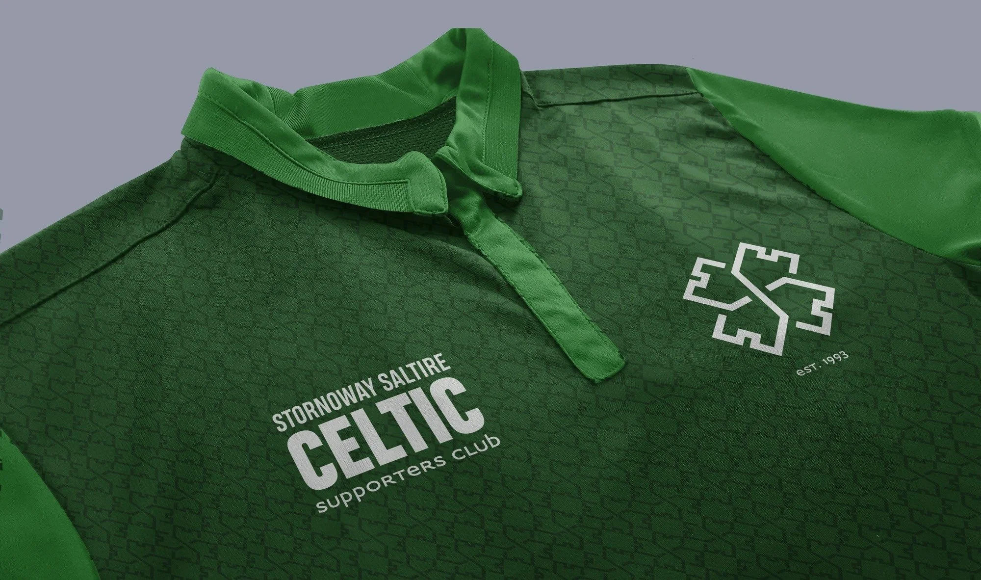 A football jersey mockup with the Stornoway saltire Celtic Supporters Club logo on it
