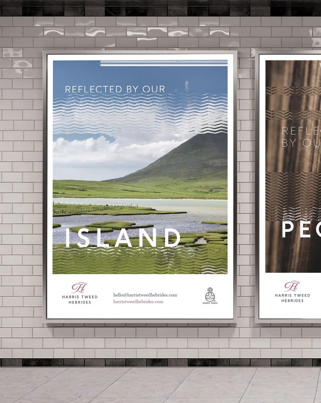 Poster advertising the island of Harris Tweed, featuring a landscape with a mountain, water, and grassy fields, with a rippling reflection effect in the sky and water.
