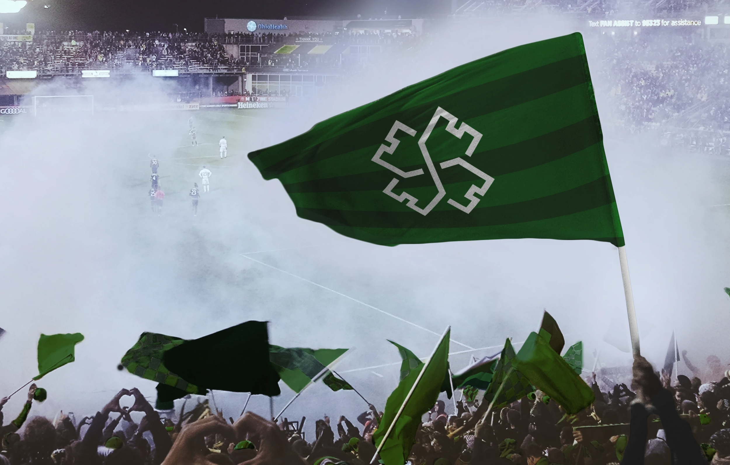 A design mockup of a fan waving a flag at a soccer match for Celtic Football Club