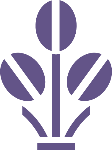 A graphic illustration of a stylized purple flower with a central stem and five petals.