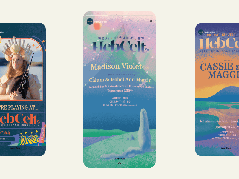 Event posters for HebCelt music festival, featuring artist Madison Violet, Calum & Isobel Ann Martin, and Cassie & Maggi, with dates, times, and ticket information.