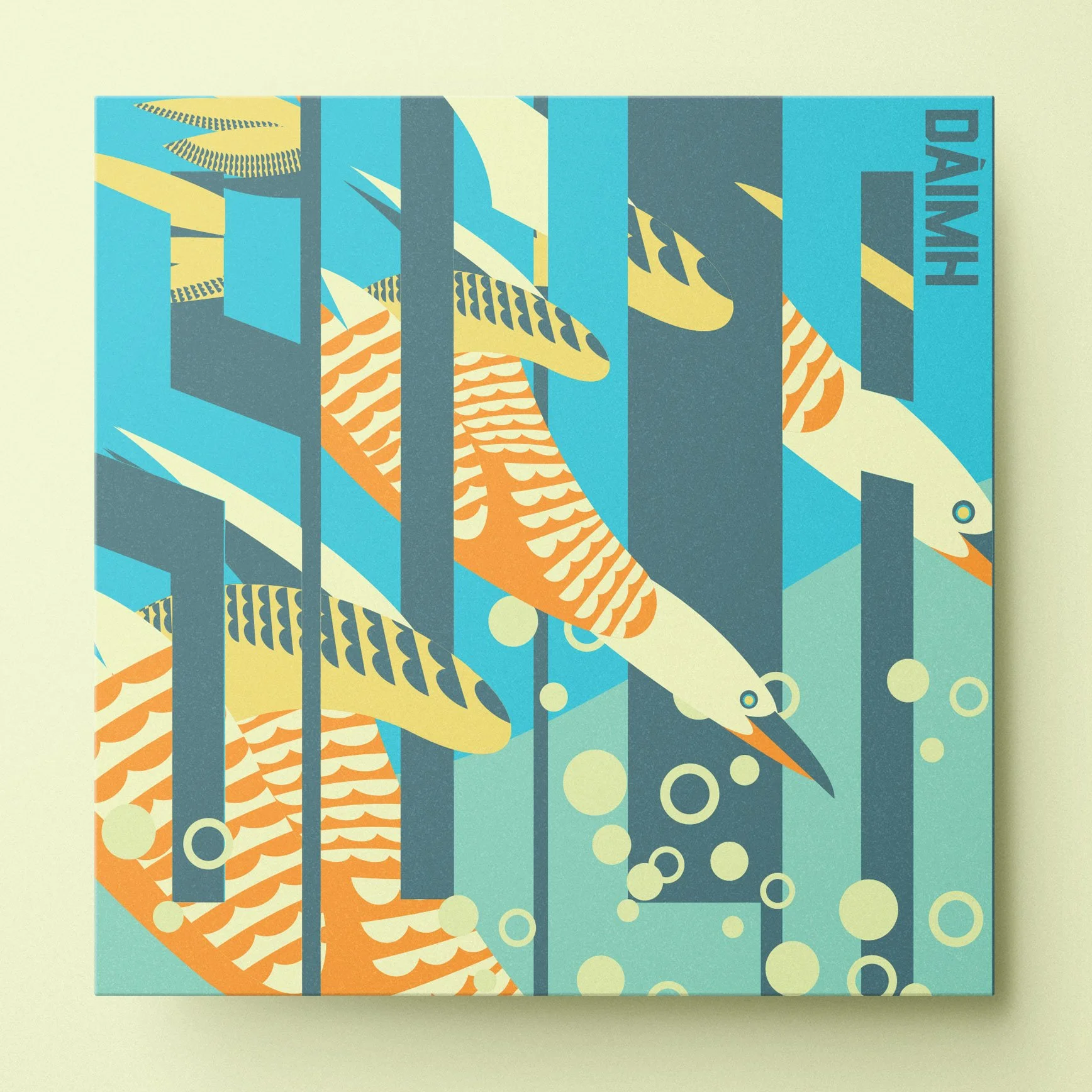Colorful abstract art of three fish swimming through vertical blue and gray structures with bubbles and the word 'DÁNH' in the top right corner.