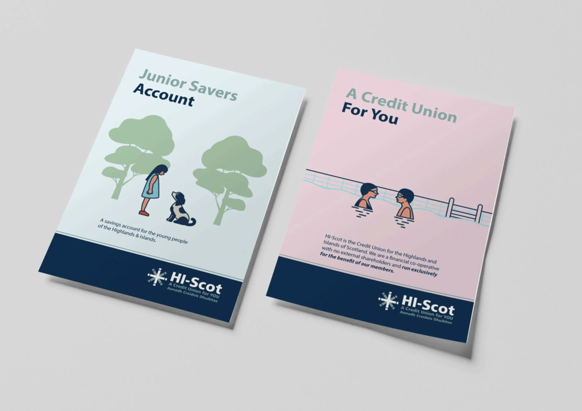 Two brochures for HI-Scot credit union. The left brochure shows a girl and a dog outdoors with trees, titled 'Junior Savers Account.' The right brochure shows two people swimming, titled 'A Credit Union For You.'