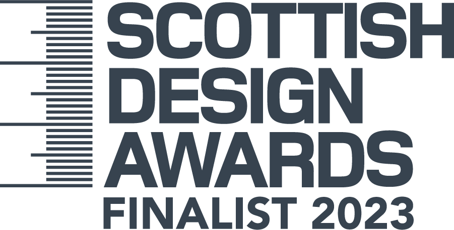 Logo for the Scottish Design Awards 2023, featuring a vertical ruler to the left and bold, uppercase text.