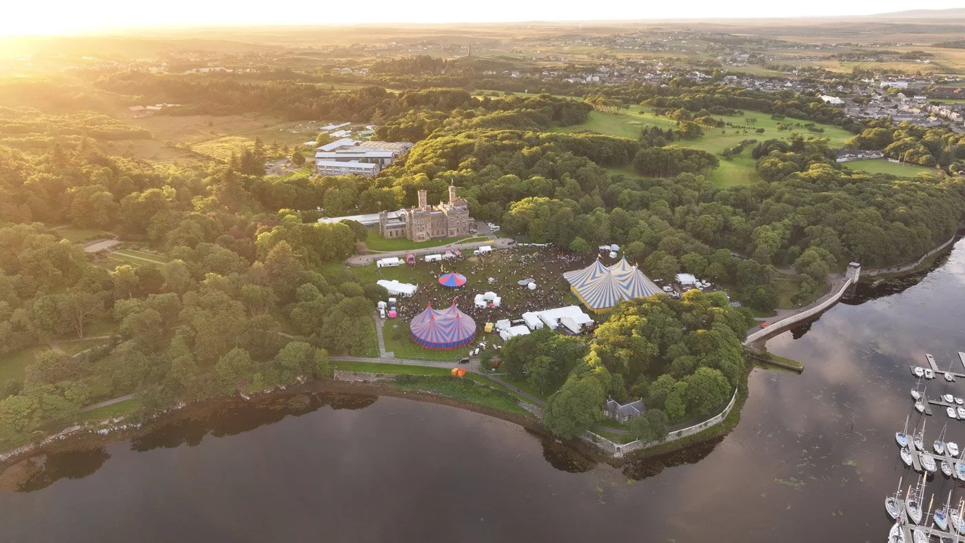 The HebCelt Festival site on a sunny evening in Stornoway Lews Caste Grounds