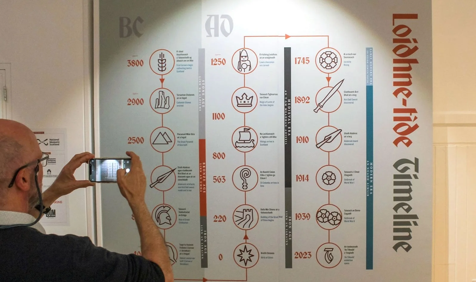 A man taking a photo of a large historical timeline poster about Scottish history, featuring symbols and dates from 0 to 2023.
