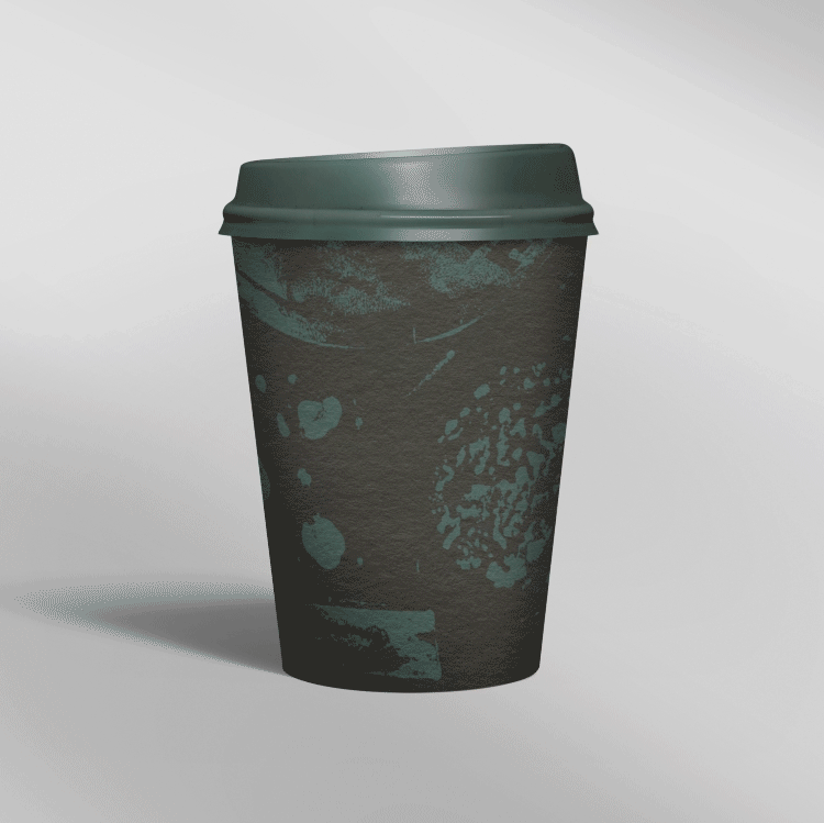 A disposable coffee cup with a lid, featuring a dark, textured surface with splash and pattern designs, set against a plain light gray background.