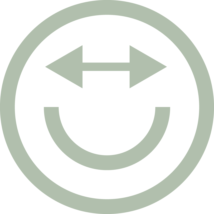 A circular icon featuring a smiley face with an upward curved mouth and two eyes. Inside the face, there is a horizontal arrow pointing left and right, indicating the ability to resize or stretch.