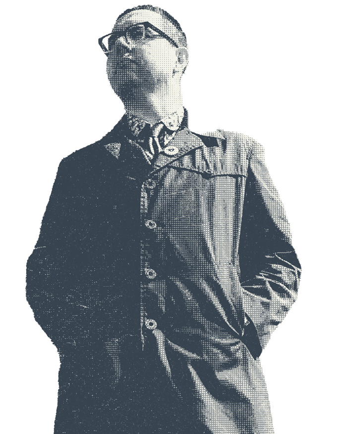 Black and white digital illustration of a man wearing glasses, a collared shirt, and a jacket, looking slightly upward with hands in pockets.