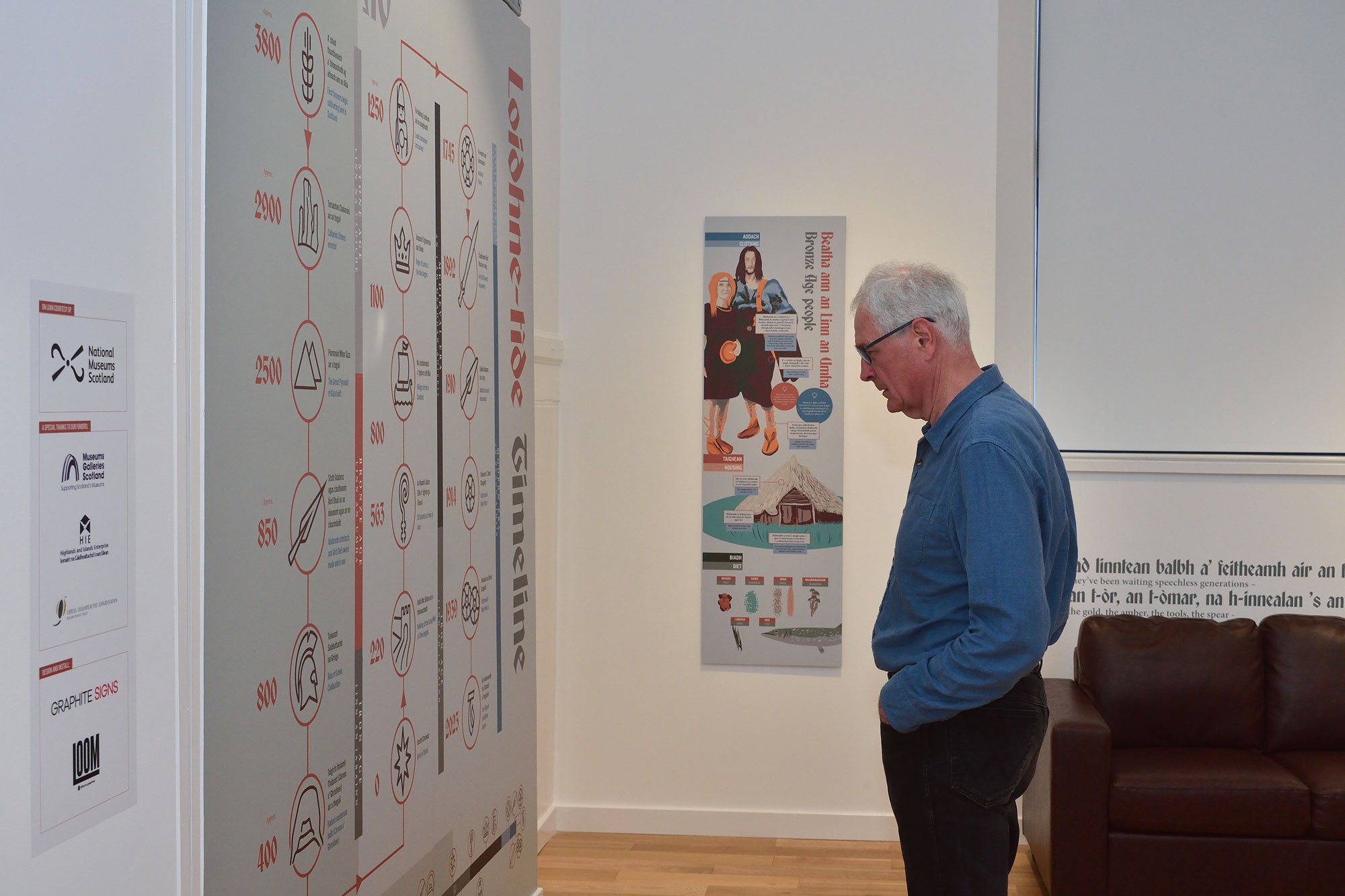 A man with gray hair and glasses in a blue shirt and dark pants, standing in a room with wooden flooring, looking at a large timeline chart on the wall.