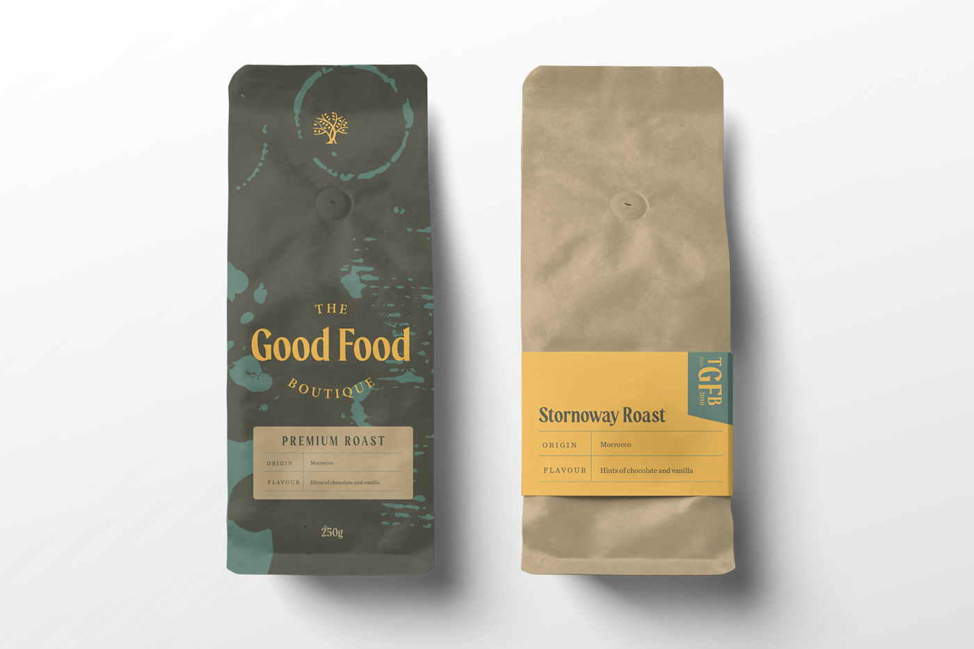 Two coffee bags, one labeled 'The Good Food Boutique Premium Roast' and the other 'Stornoway Roast,' both with labels indicating origin as Morocco and flavors as hints of chocolate and vanilla, set against a gradient background.