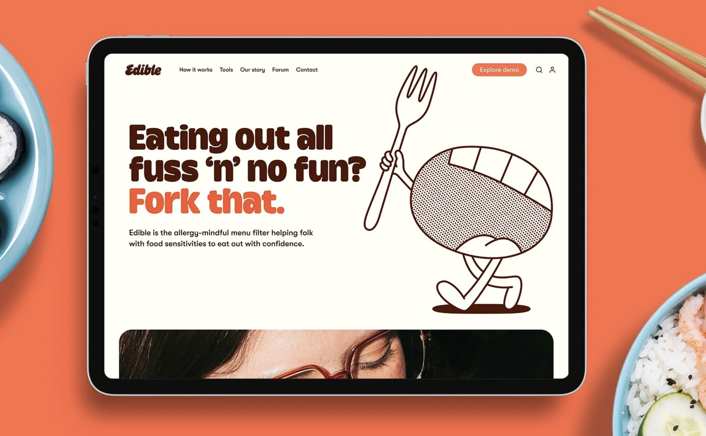 Landing page of the Edible app website featuring their brand mascot