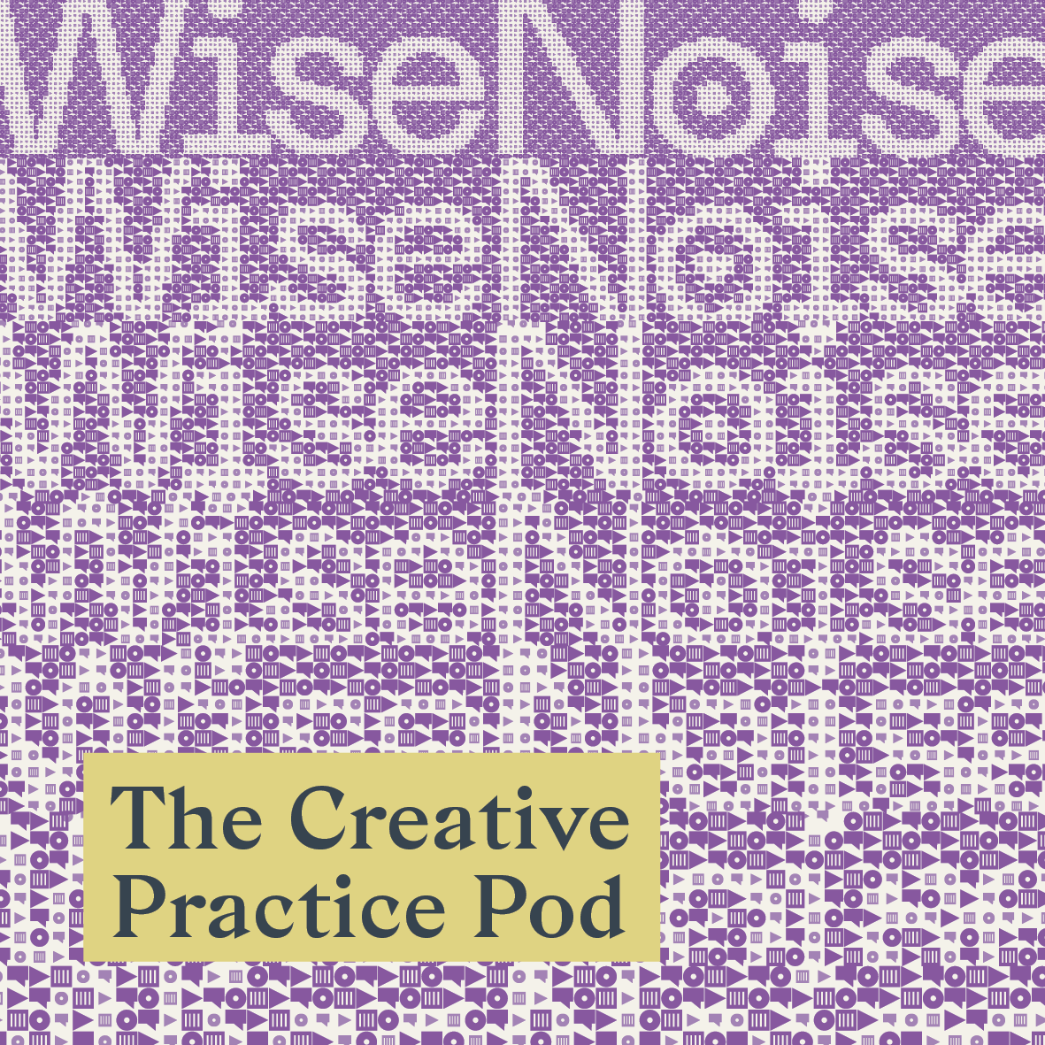 Book cover titled 'The Creative Practice Pod' with a purple geometric pattern background and a beige title box.