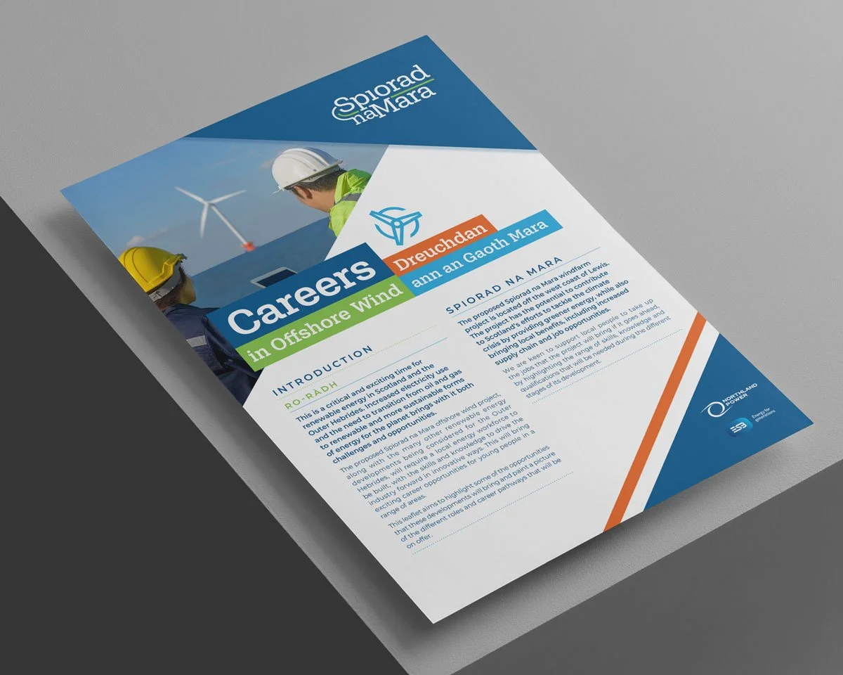 Flyer about careers in offshore wind energy featuring images of wind turbines, a person in safety gear, and colorful text and graphics.
