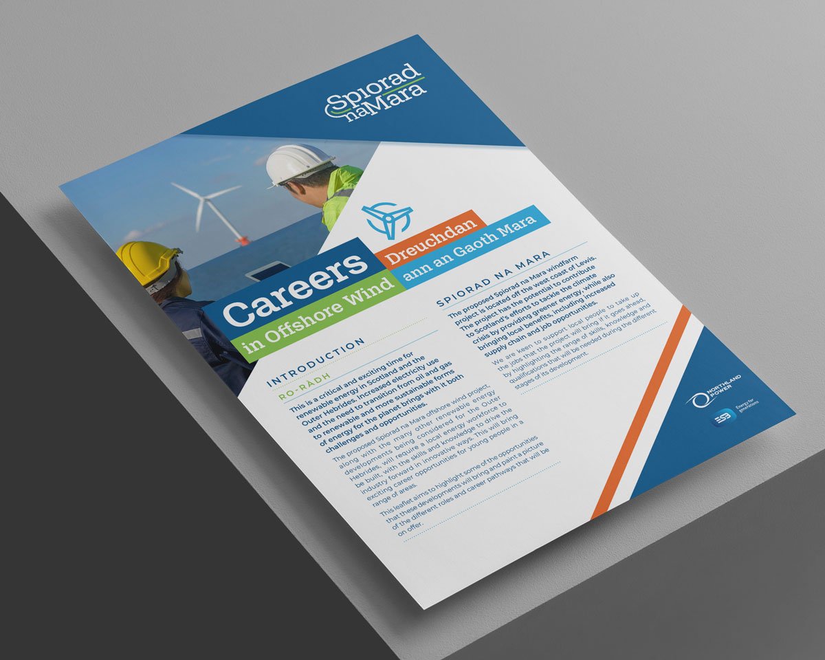 Brochure about offshore wind careers with an image of two workers wearing helmets near wind turbines at sea.