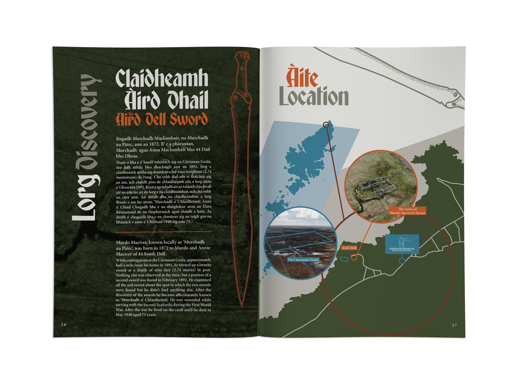 Open book showing a map of Ireland with marked locations, including the ruins of Murdo Maciver's house and the Airg Dell. The left page contains text about Murdo Maciver and the history of the Airg Dell sword, with a silhouette of a sword and highlighted section.