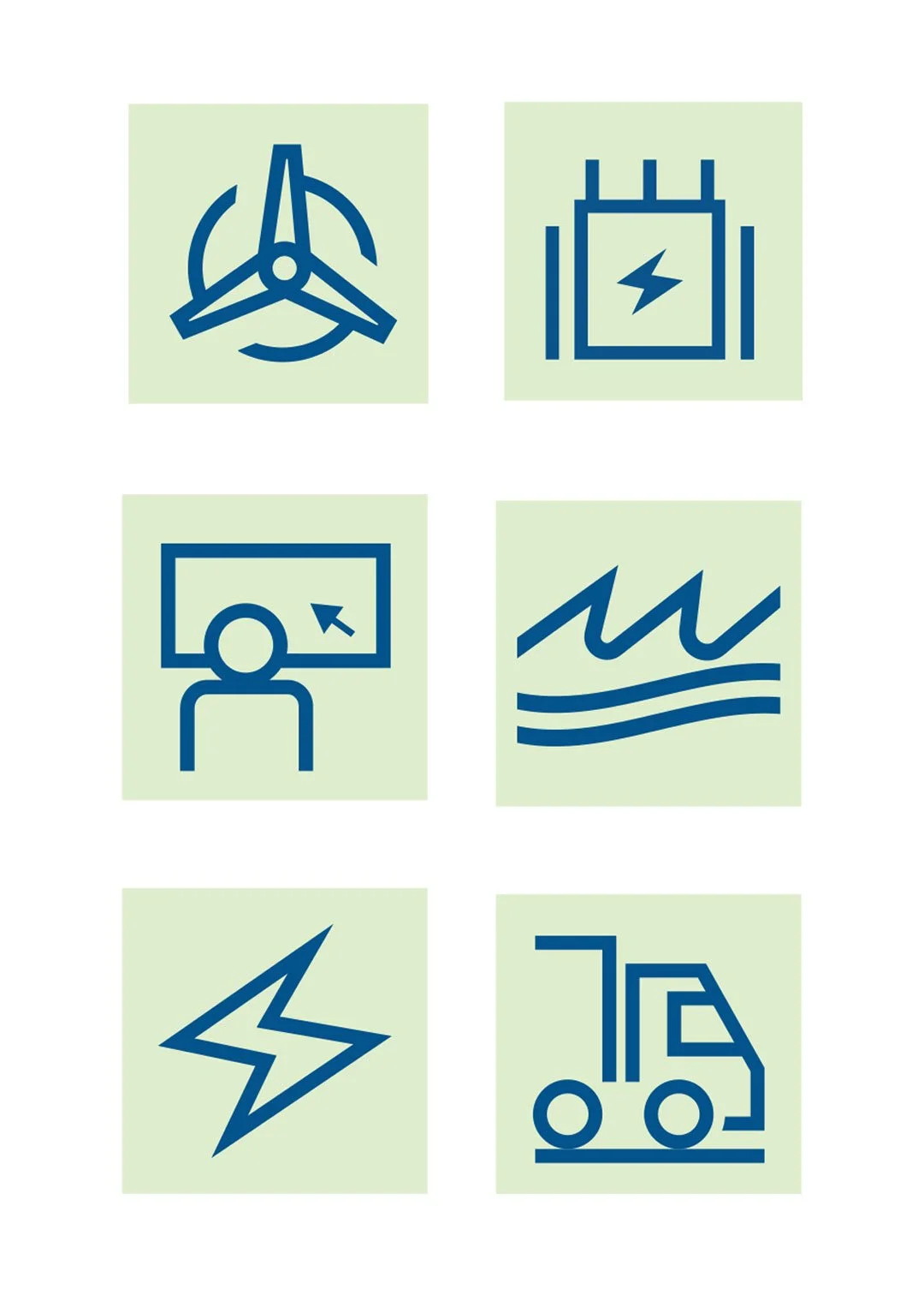 Icons representing wind turbine, car battery, computer monitor with cursor, waves, lightning bolt, tow truck.