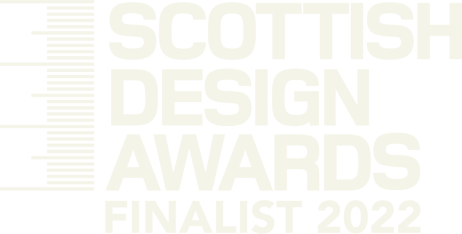 Bold white text on black background reading "Scottish Design Awards Finalist 2022" with a stylized ruler graphic on the left.