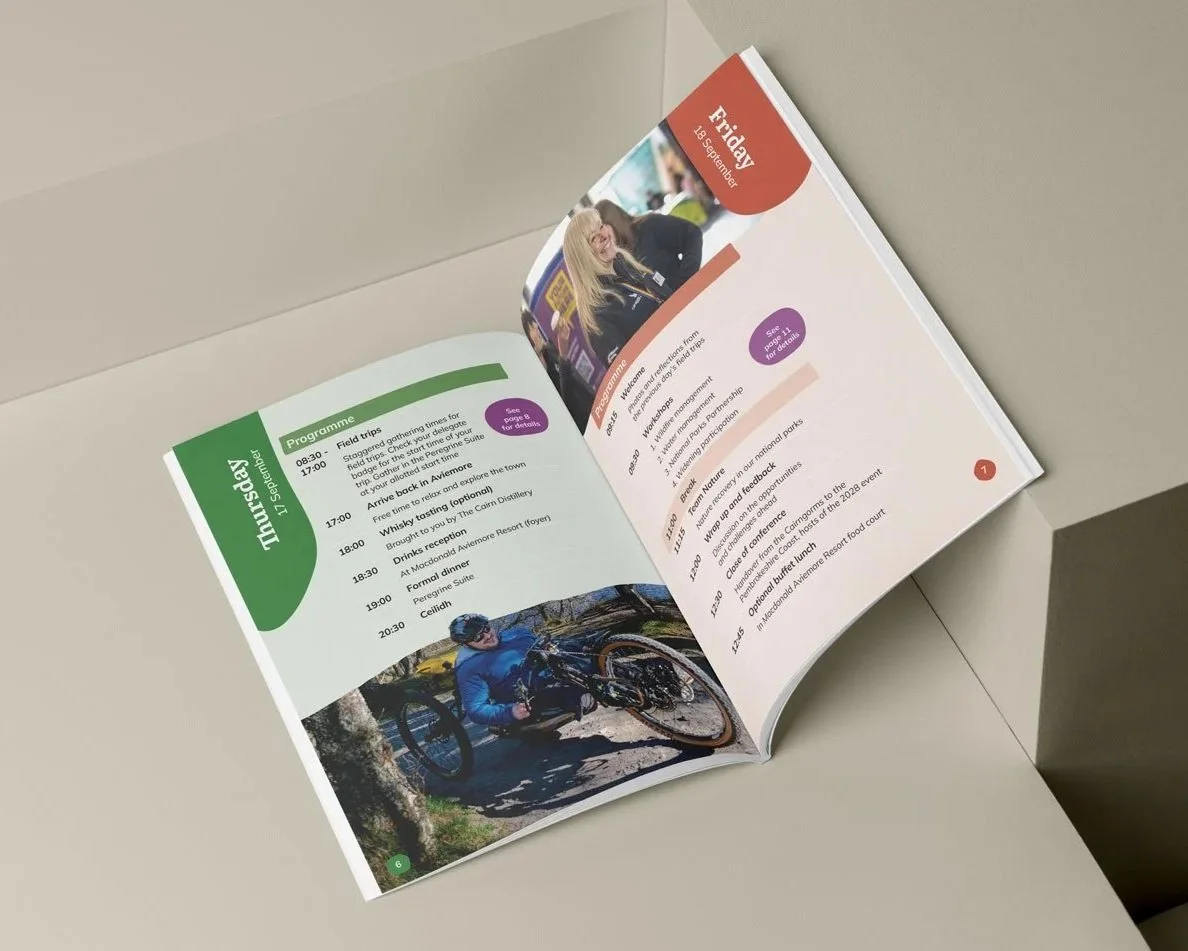 Cairngorms National Park Conference Booklet open on the timetable spread.