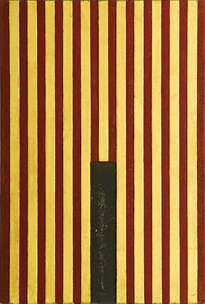   Rune,  gold leaf, lead, meteorite dust, artists’ blood on wood panel,  