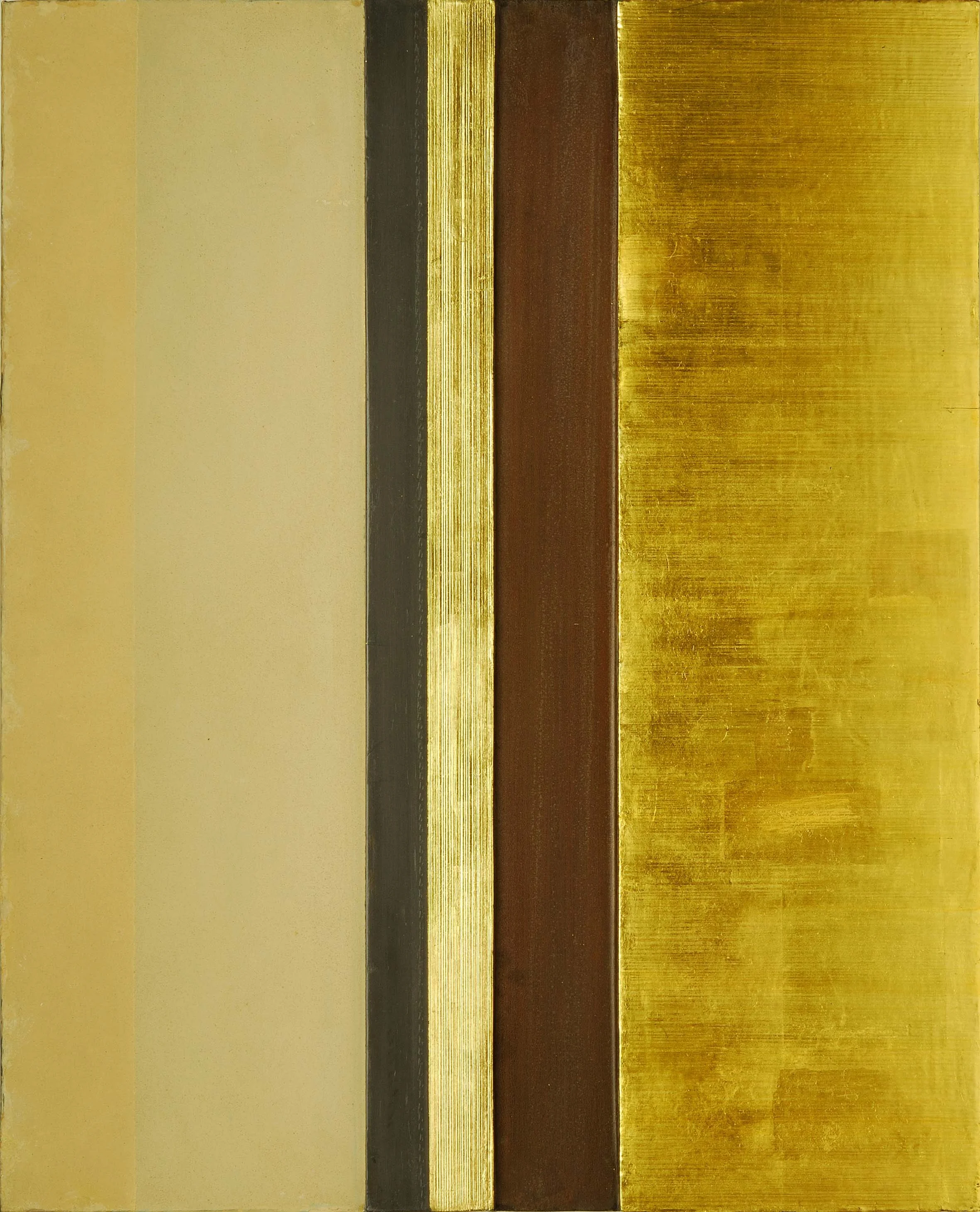  Untitled, 1991,  lead on wood panel, artists’ blood, gold leaf, and oil paint, 24 3/4” x 20” 