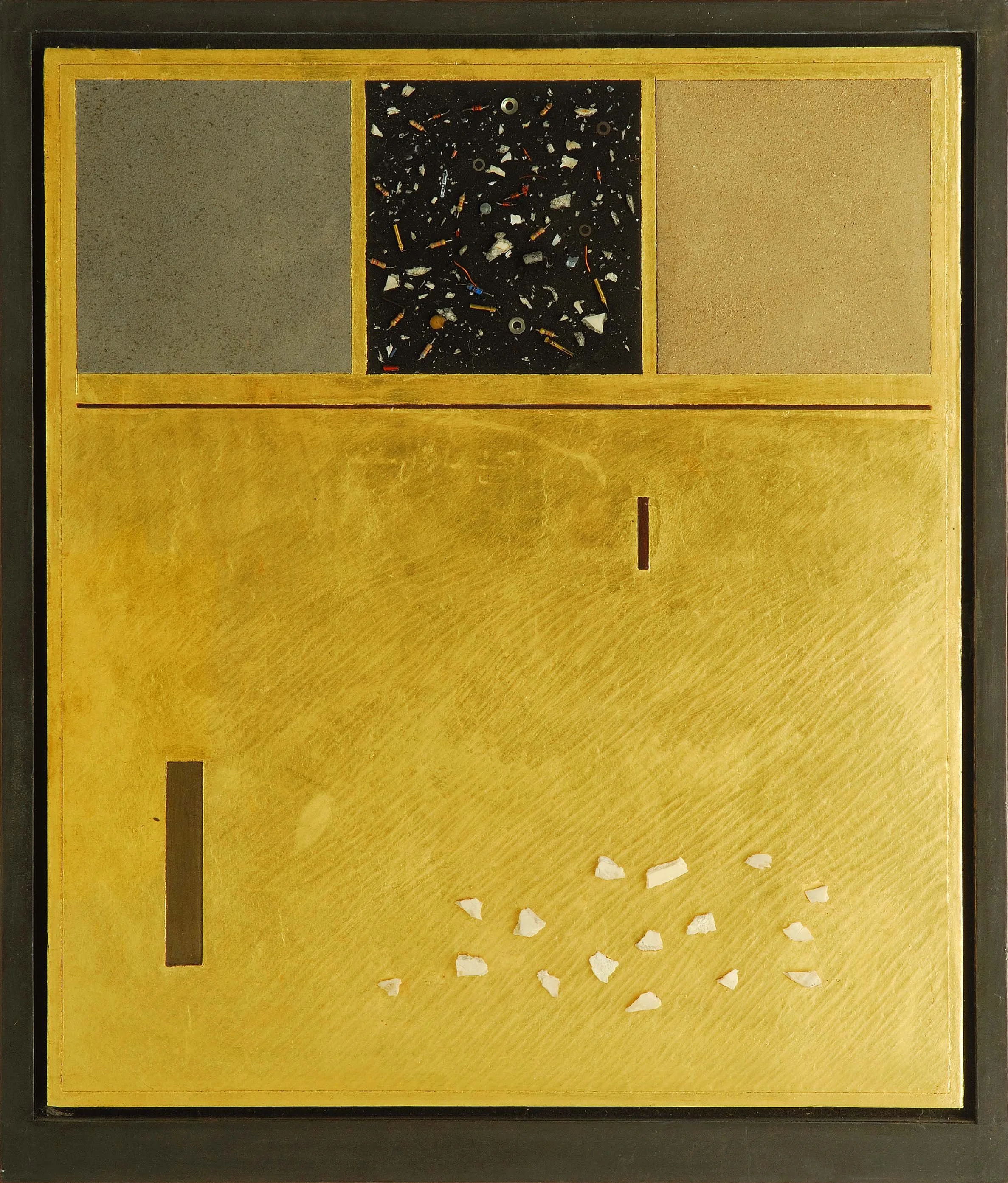   Radio Play,  1985, gold leaf, artists’ blood, bone, meteorite dust, am/fm radio parts, and lead, 19” x 16” ’Radio Play’ works are found throughout Orr’s oeuvre, one was included in the Venice Biennale (1986).  
