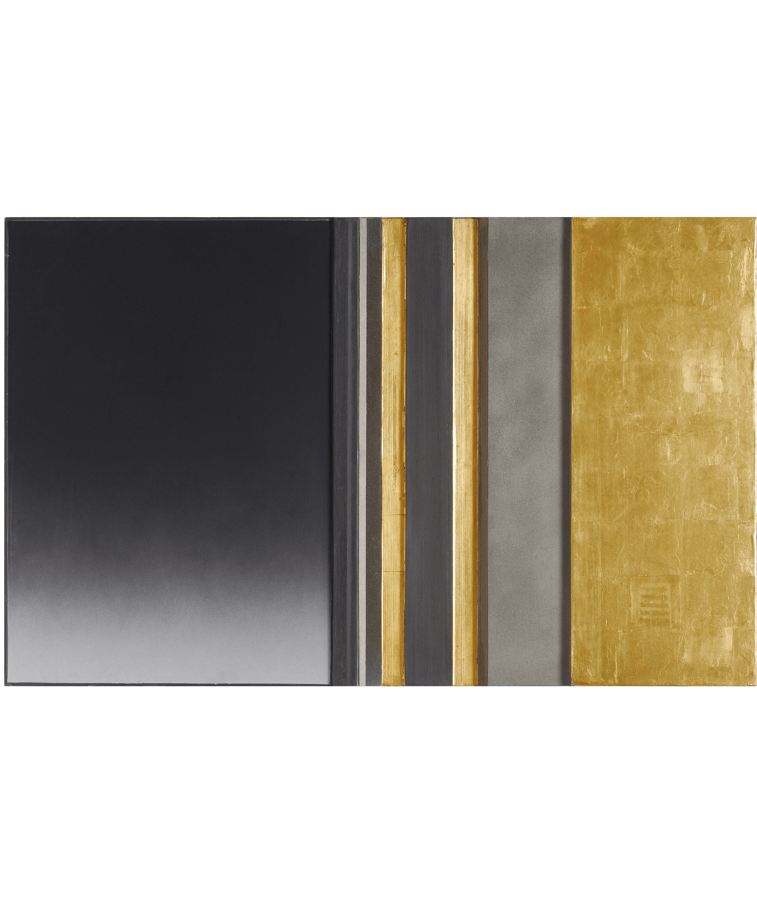   Mannas , 1991,  oil pant airbrushed on linen, gold leaf, meteorite ash, on wood with lead frame, 27” x 44” 