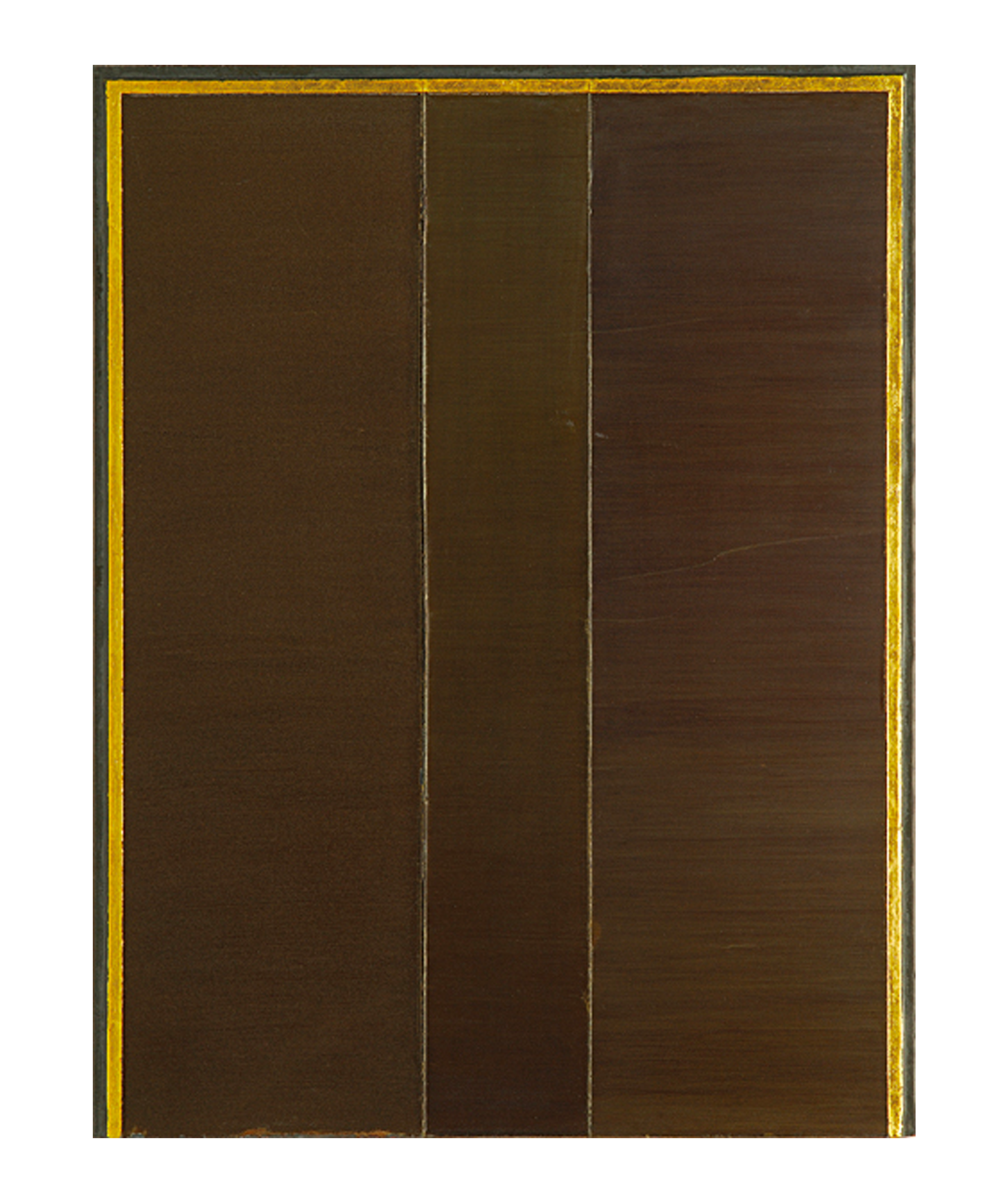   Sub Matter,  1987, artists’s blood, gold leaf, fabric on wood panel and lead sheeting, 19” x 15” 