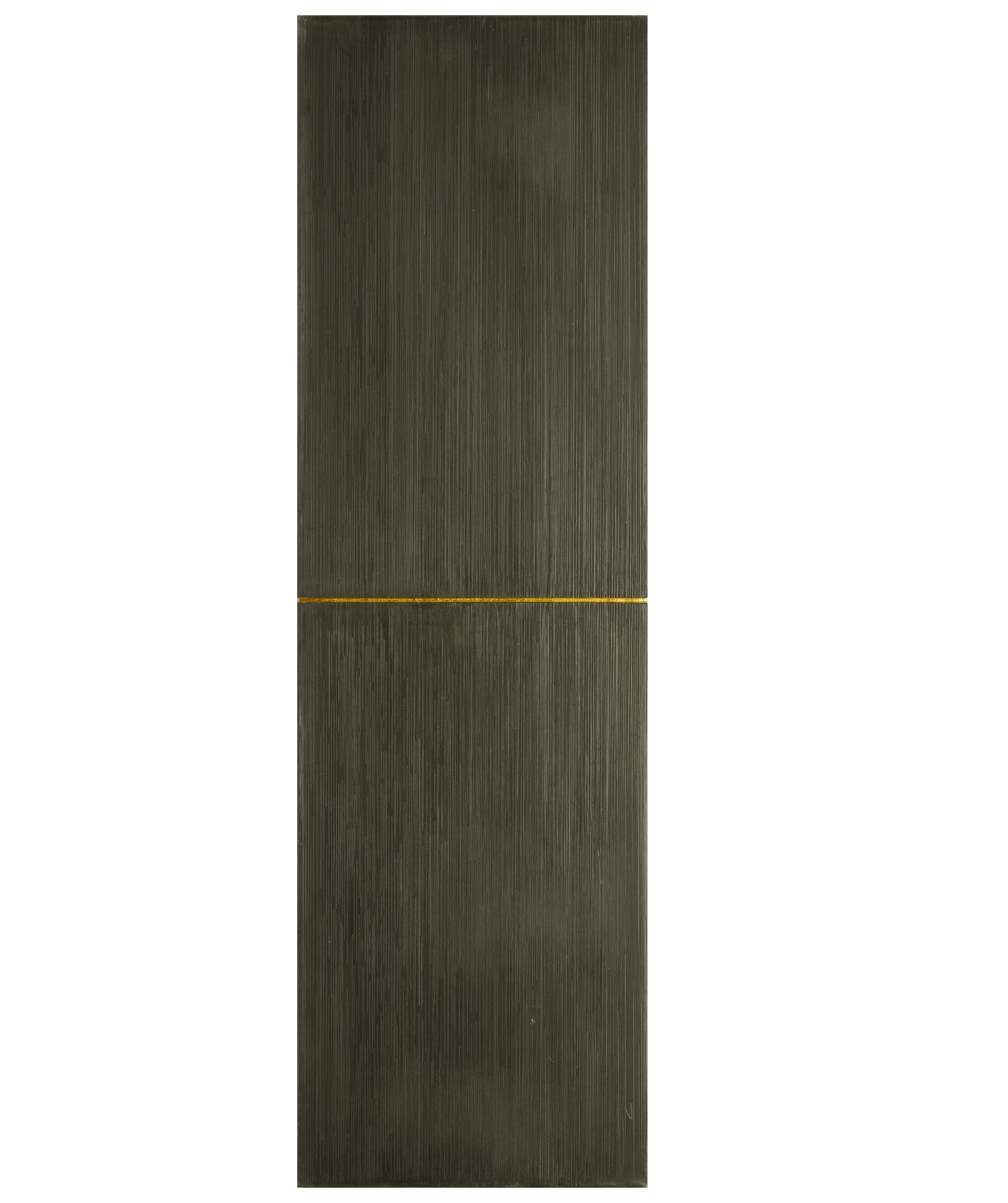   Untitled, 1979,  striated lead sheet on panel, gold leaf, 37” x 11”  