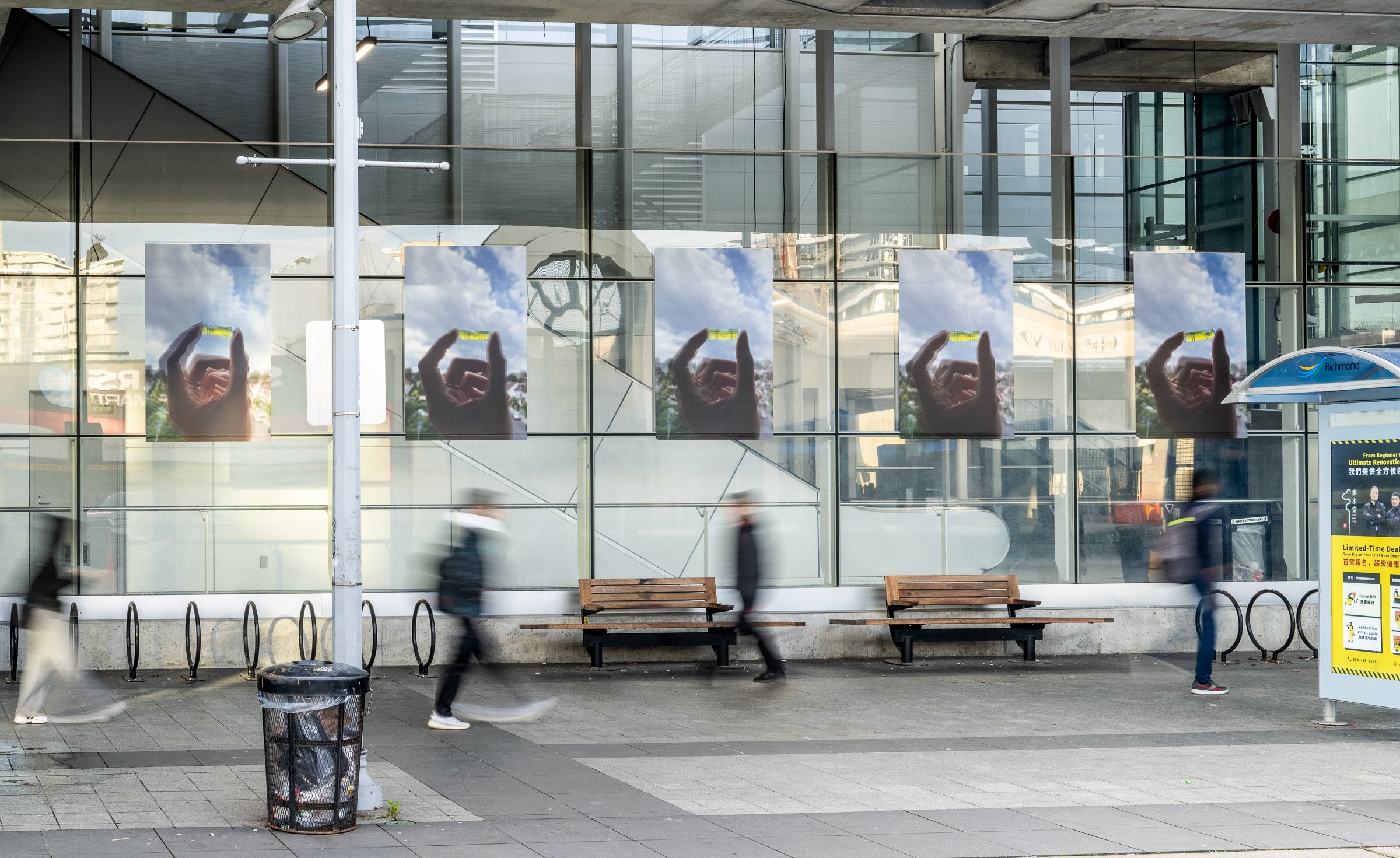  Levels; Sequence 1-5, public art installation at the Richmond Brighouse skytrain station for the Capture Photography Festival and the Richmond Art Gallery, 2025.  Photo credit: Michael Love 