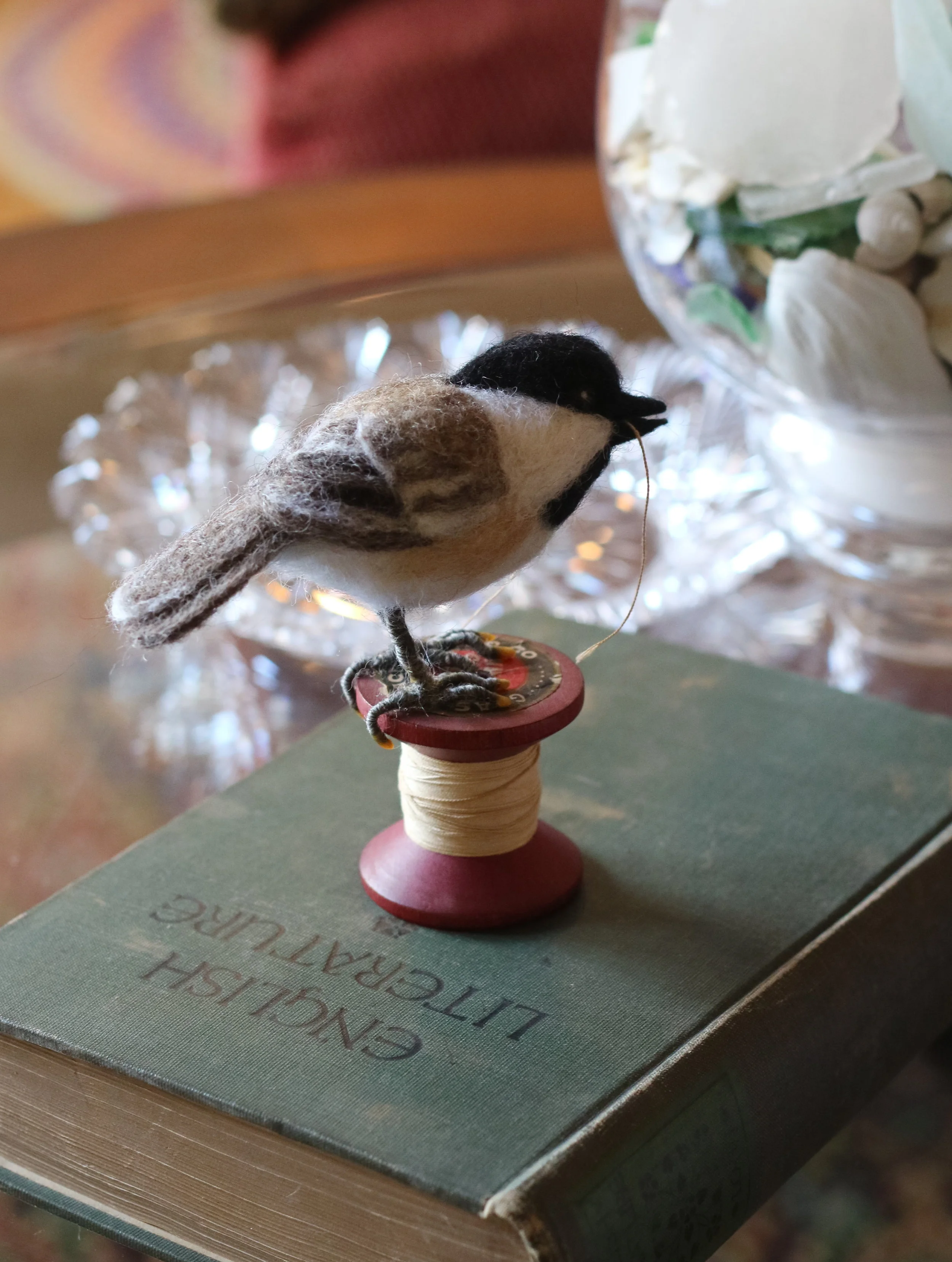 needle felted chickadee antique spool