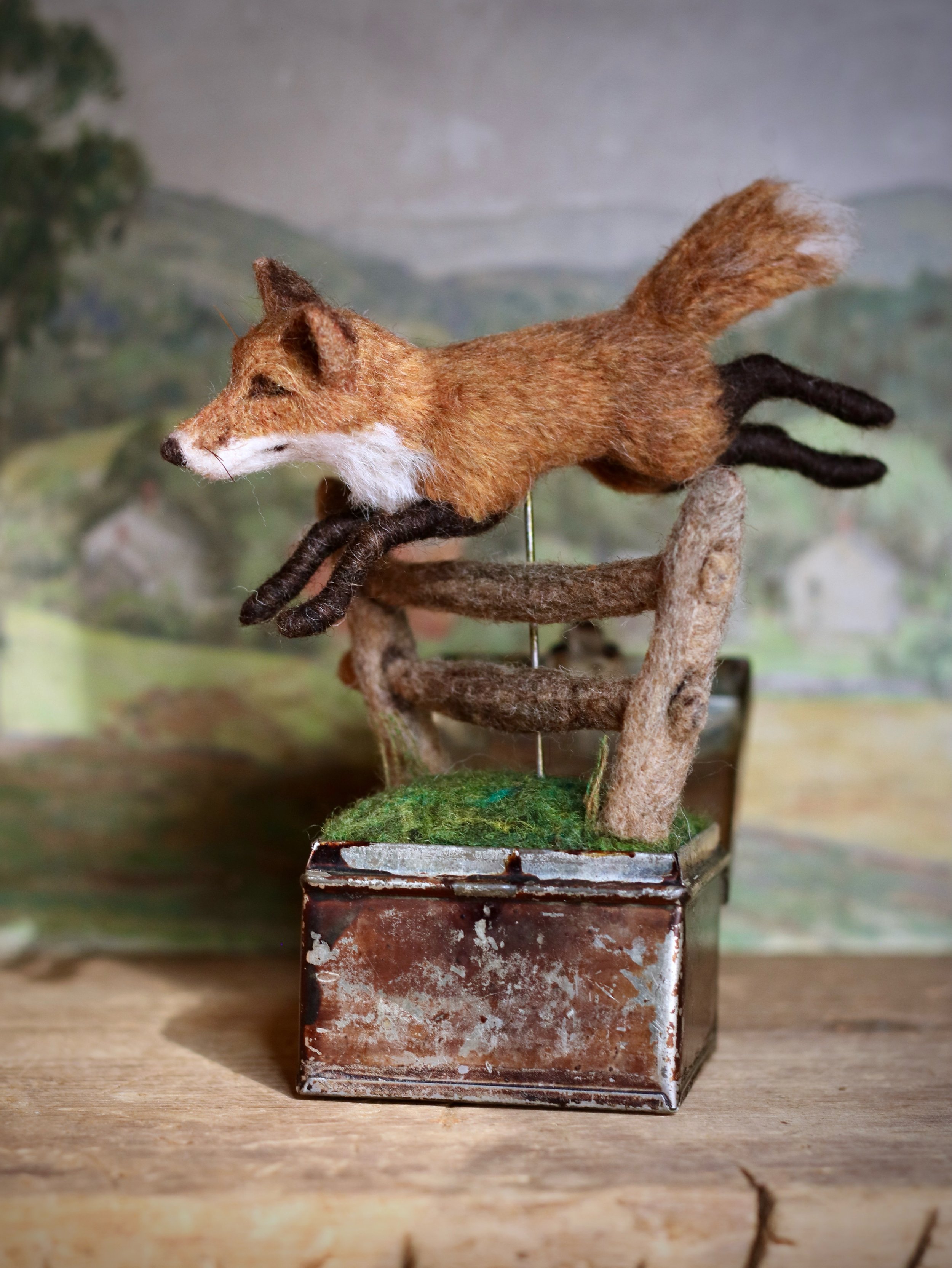 Foxhounds will never catch this clever, fleeting fox! 🦊 
This needle felted wool fox leaping over split rail fence&mdash;also made of wool&mdash;is now available on my website. Link in profile ⬆️