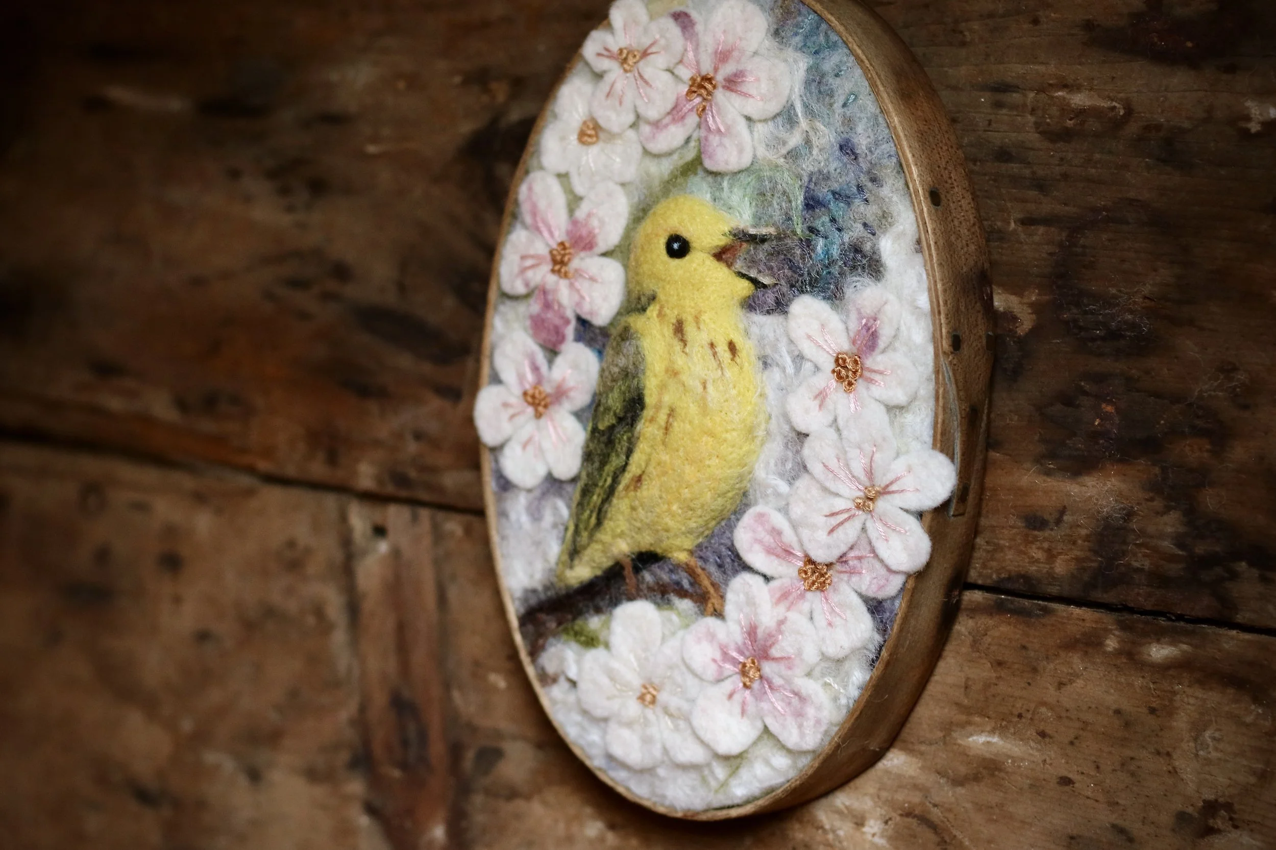 needle felted yellow warbler diorama