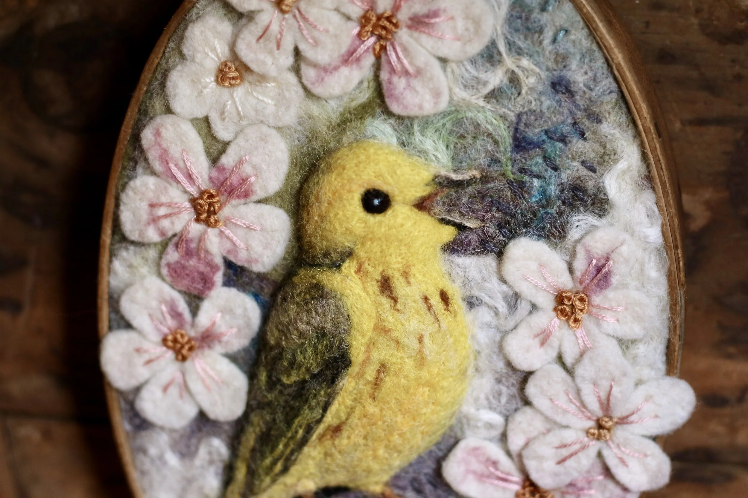 needle felted yellow warbler diorama