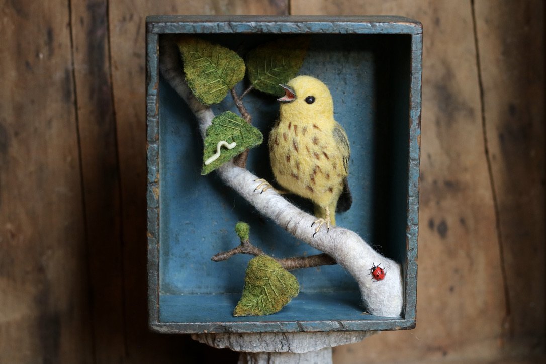 needle felted yellow warbler diorama