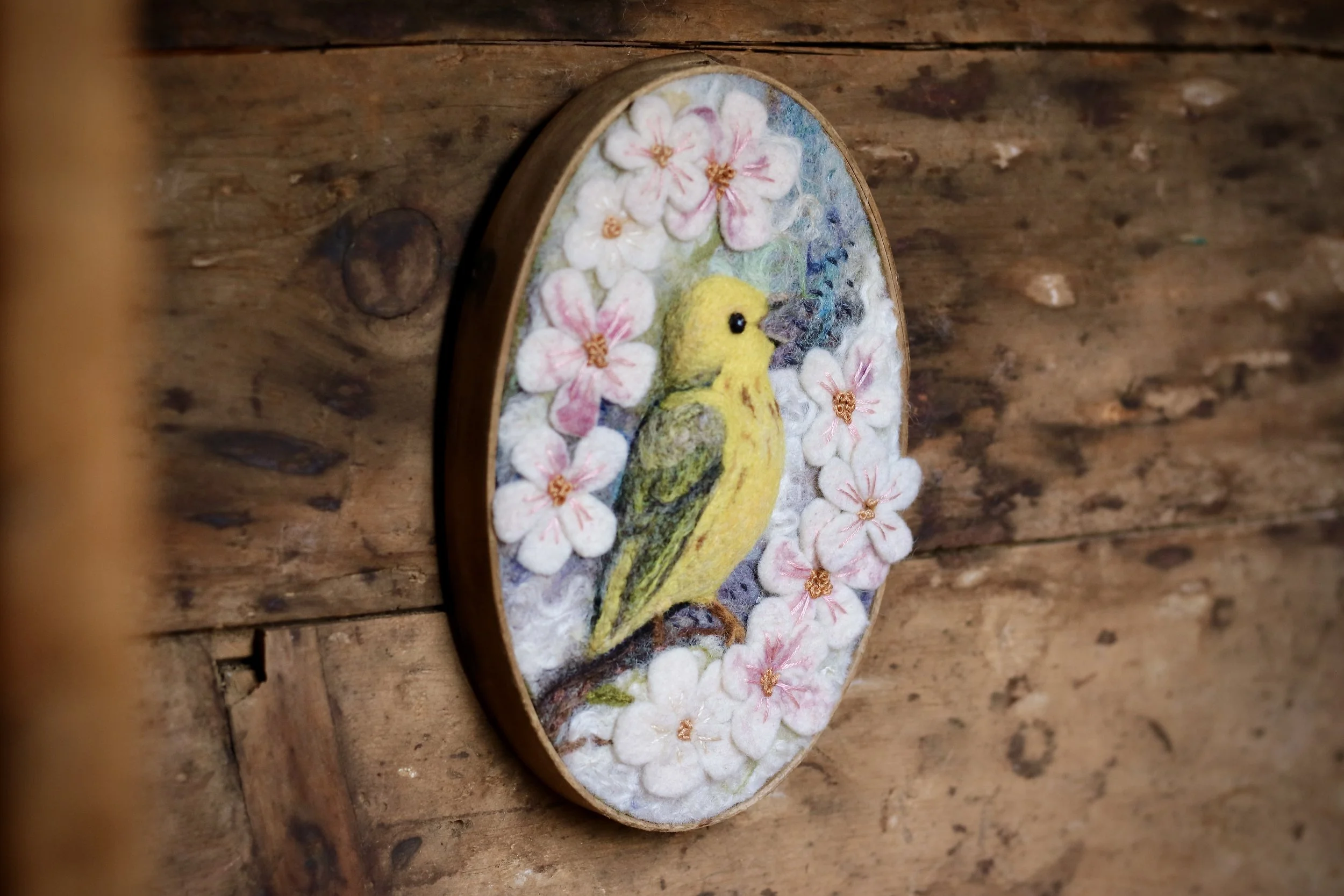 needle felted yellow warbler diorama