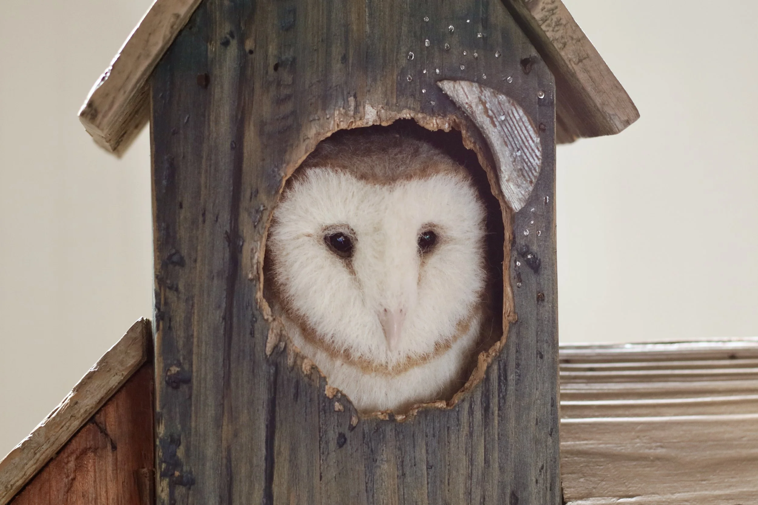 Barn owl birdhouse needlefelt