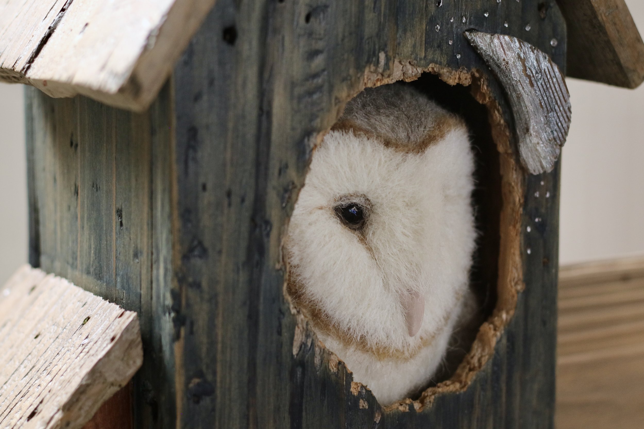 Barn owl birdhouse needlefelt