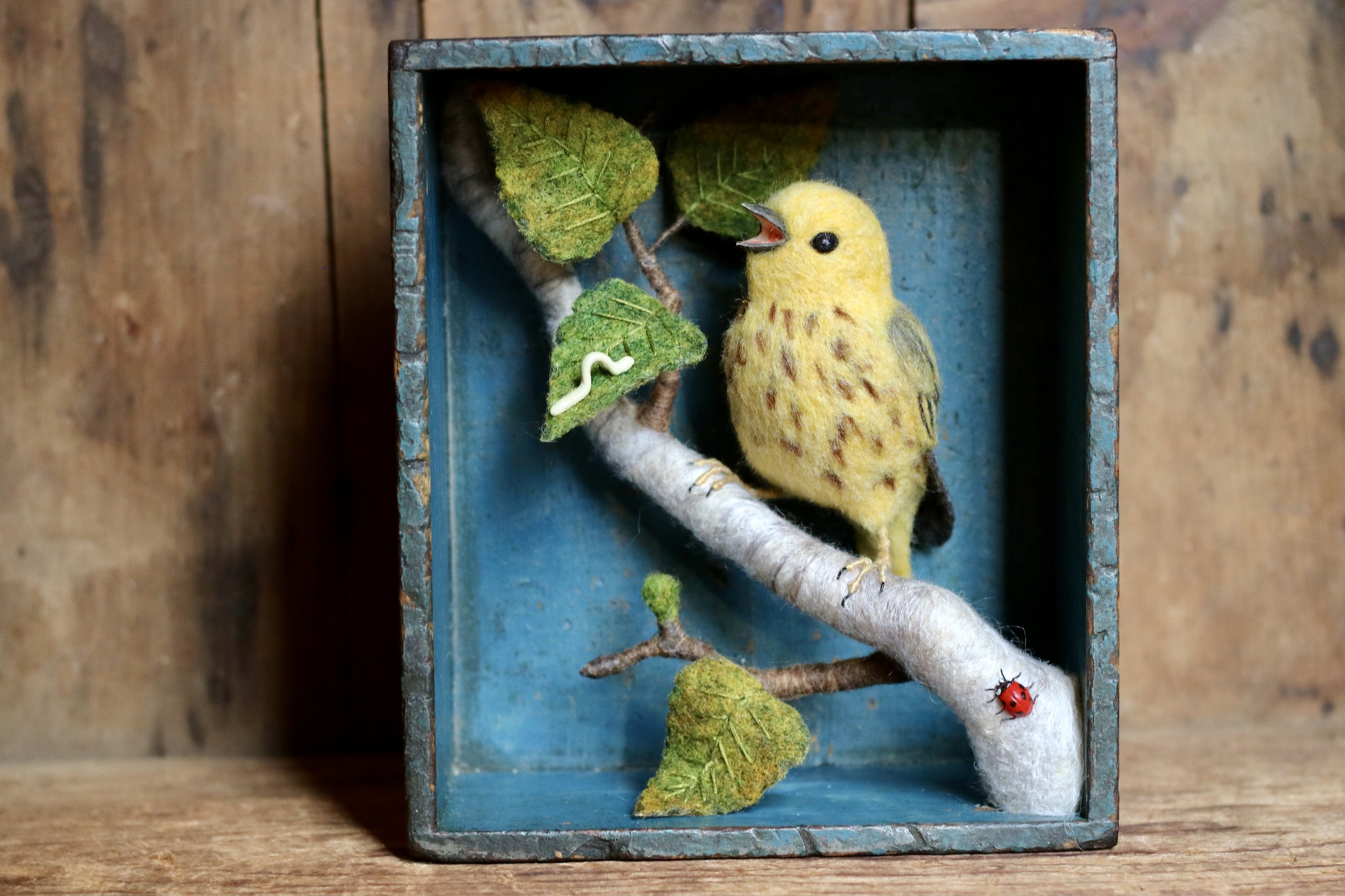 needle felted yellow warbler diorama