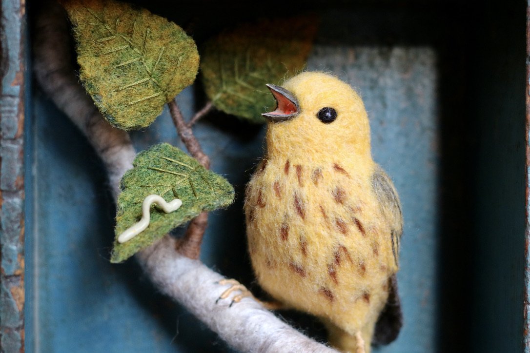 needle felted yellow warbler diorama