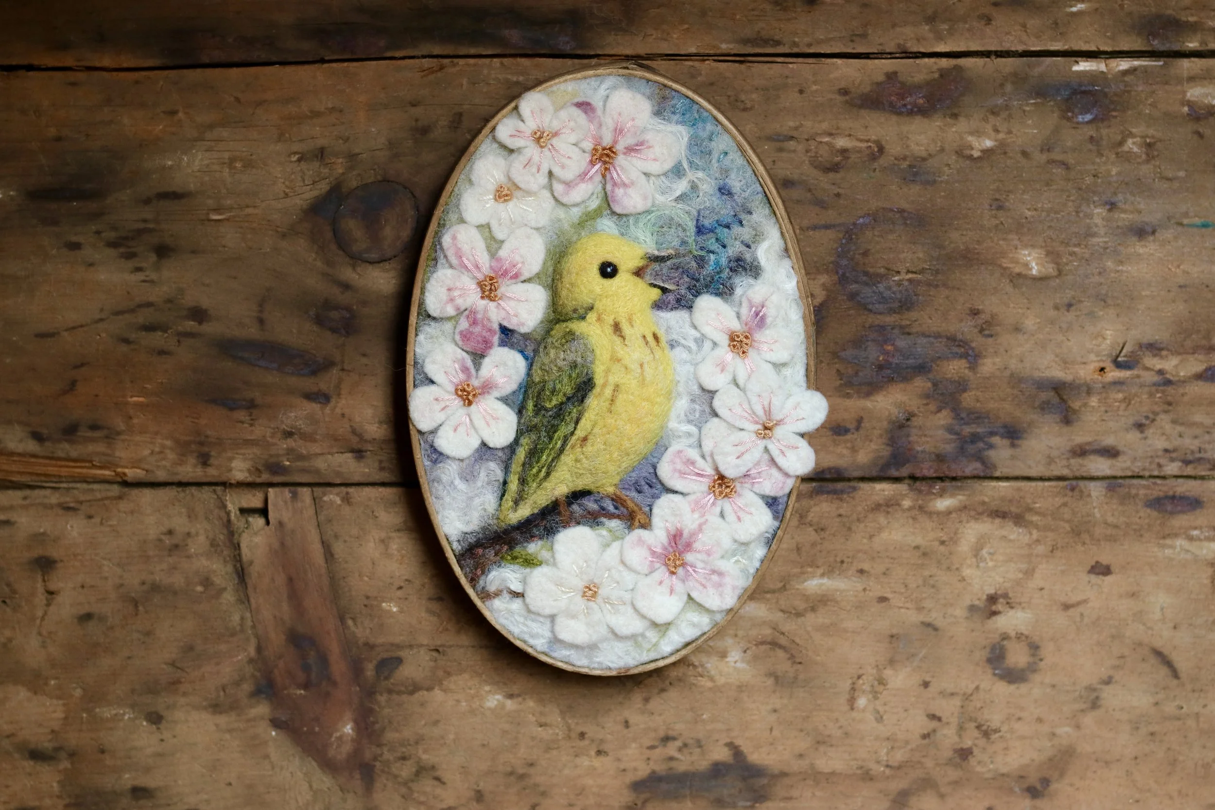 needle felted yellow warbler diorama