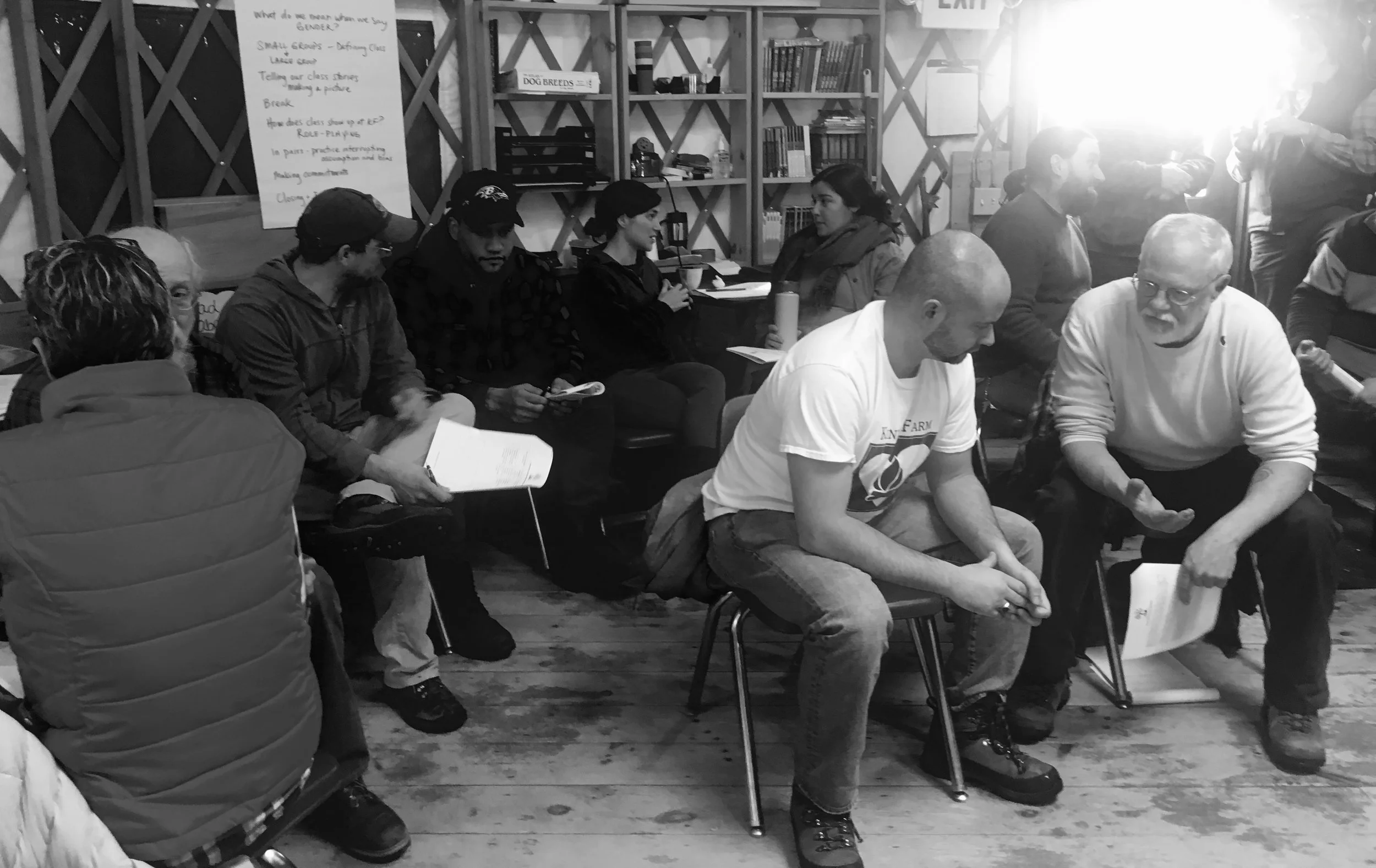 Co-workers at Kindle Farm School talk with each other about their experiences with class bias. February 2018.