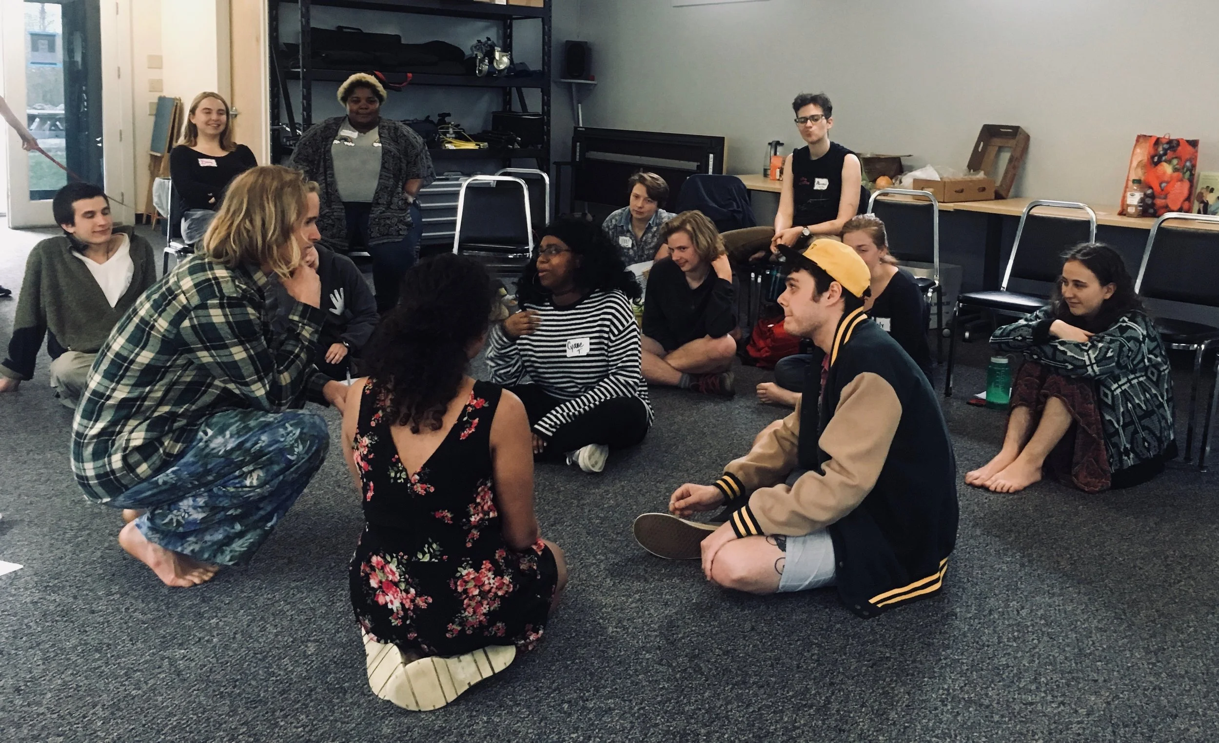 In the photo to the left student leaders share with Marlboro College staff and faculty what it is like to be a student of color on campus and their demands for racial equity. In the photo above student leaders at Marlboro College role-play unjust situations and how to respond. Spring 2018.