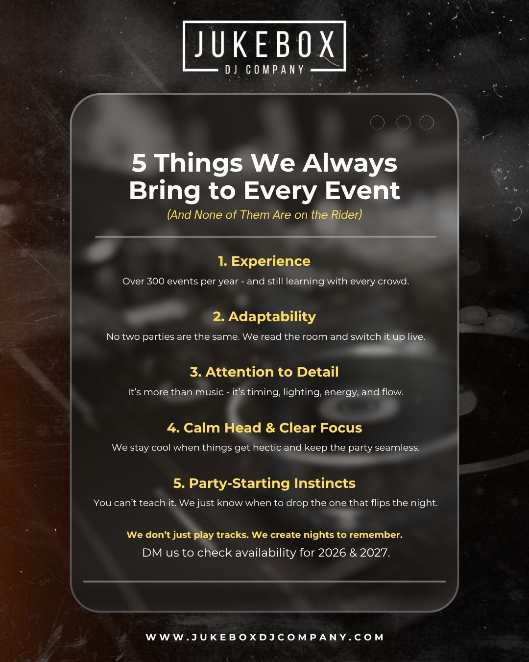There&rsquo;s more to what we bring than what you see in the booth.

This is what actually keeps the dancefloor alive long after the first drop.
No ego. No filler. Just instinct, experience, and control of the room.

✨ We don&rsquo;t just press play.
